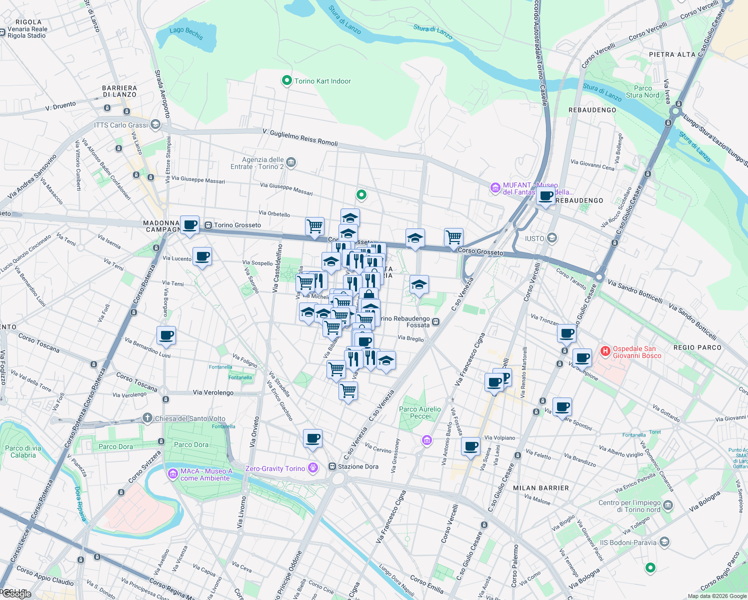 map of restaurants, bars, coffee shops, grocery stores, and more near 57 Via Michele Coppino in Torino