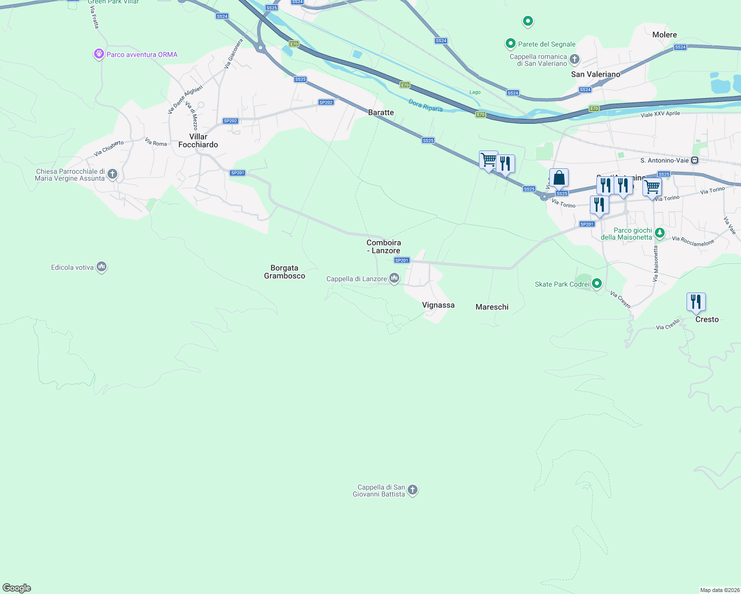 map of restaurants, bars, coffee shops, grocery stores, and more near Piancopero Inferiore in Città Metropolitana di Torino
