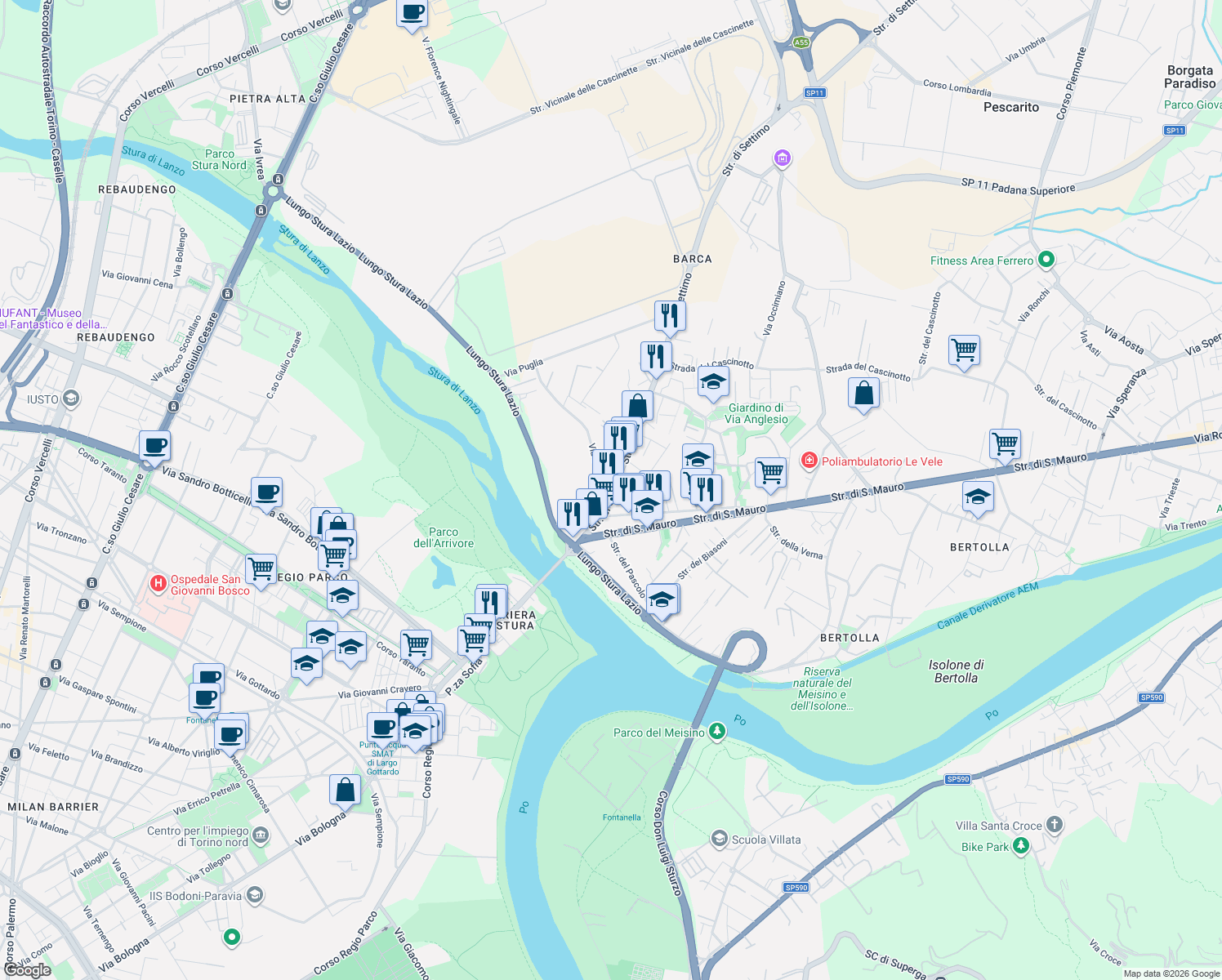 map of restaurants, bars, coffee shops, grocery stores, and more near 85 Strada di Settimo in Torino