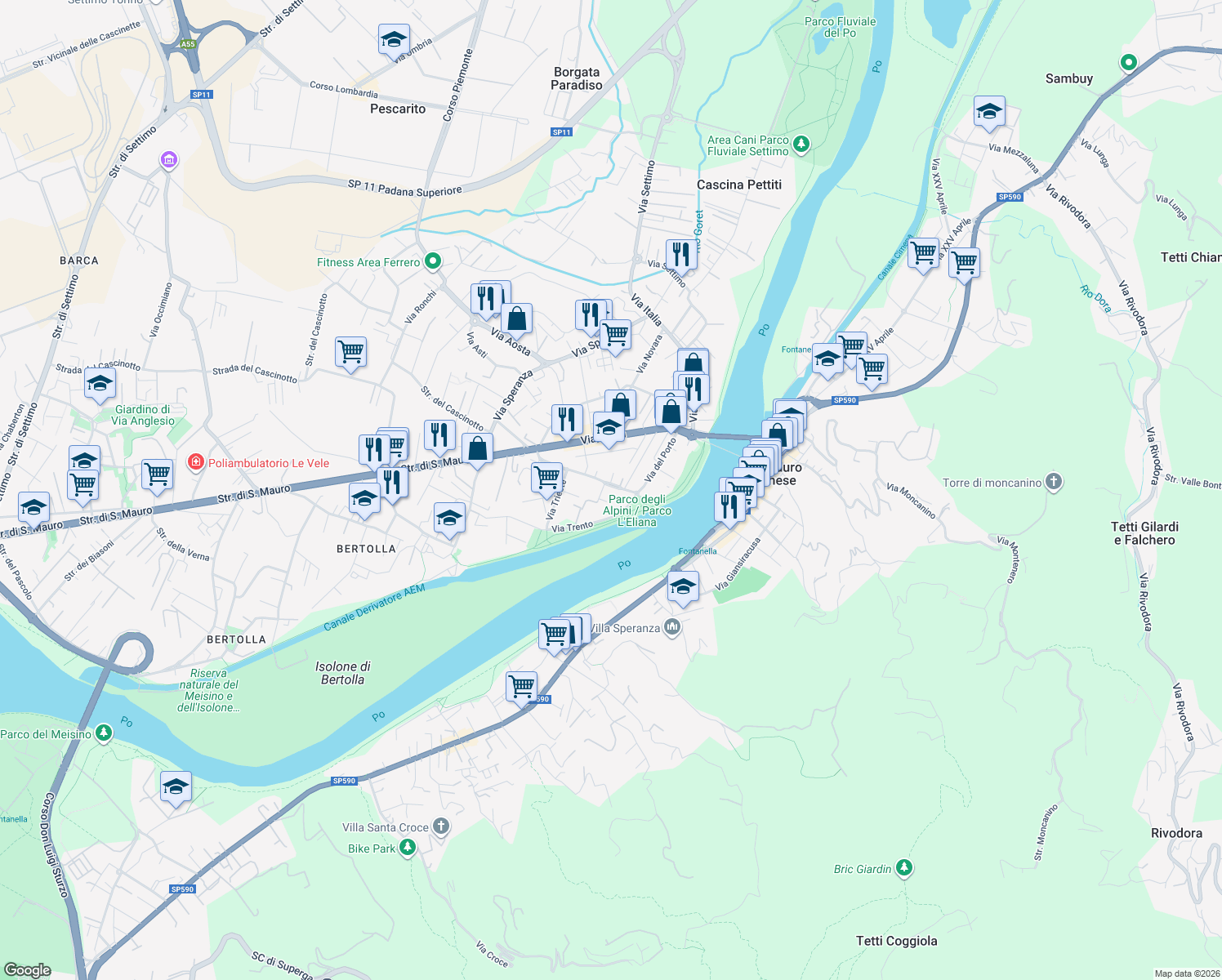 map of restaurants, bars, coffee shops, grocery stores, and more near 32/A Via del Porto in San Mauro Torinese