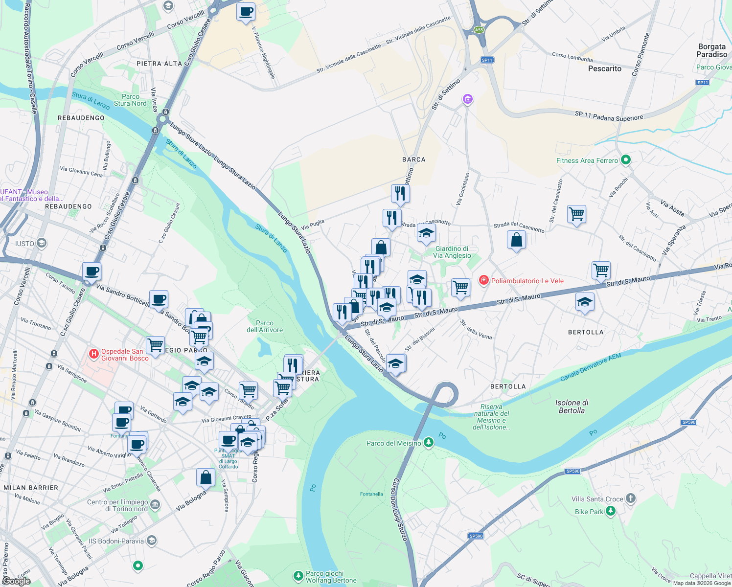 map of restaurants, bars, coffee shops, grocery stores, and more near 85 Strada Settimo in Turin