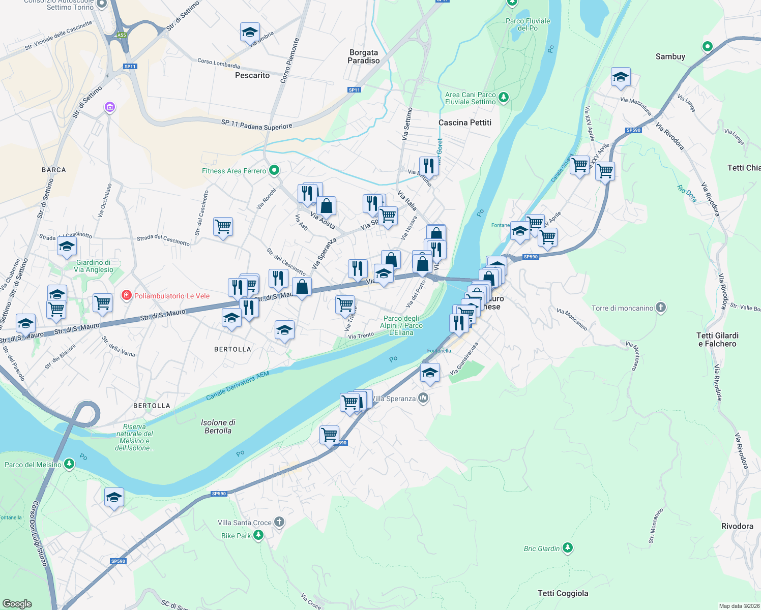 map of restaurants, bars, coffee shops, grocery stores, and more near 32 Via del Porto in San Mauro Torinese