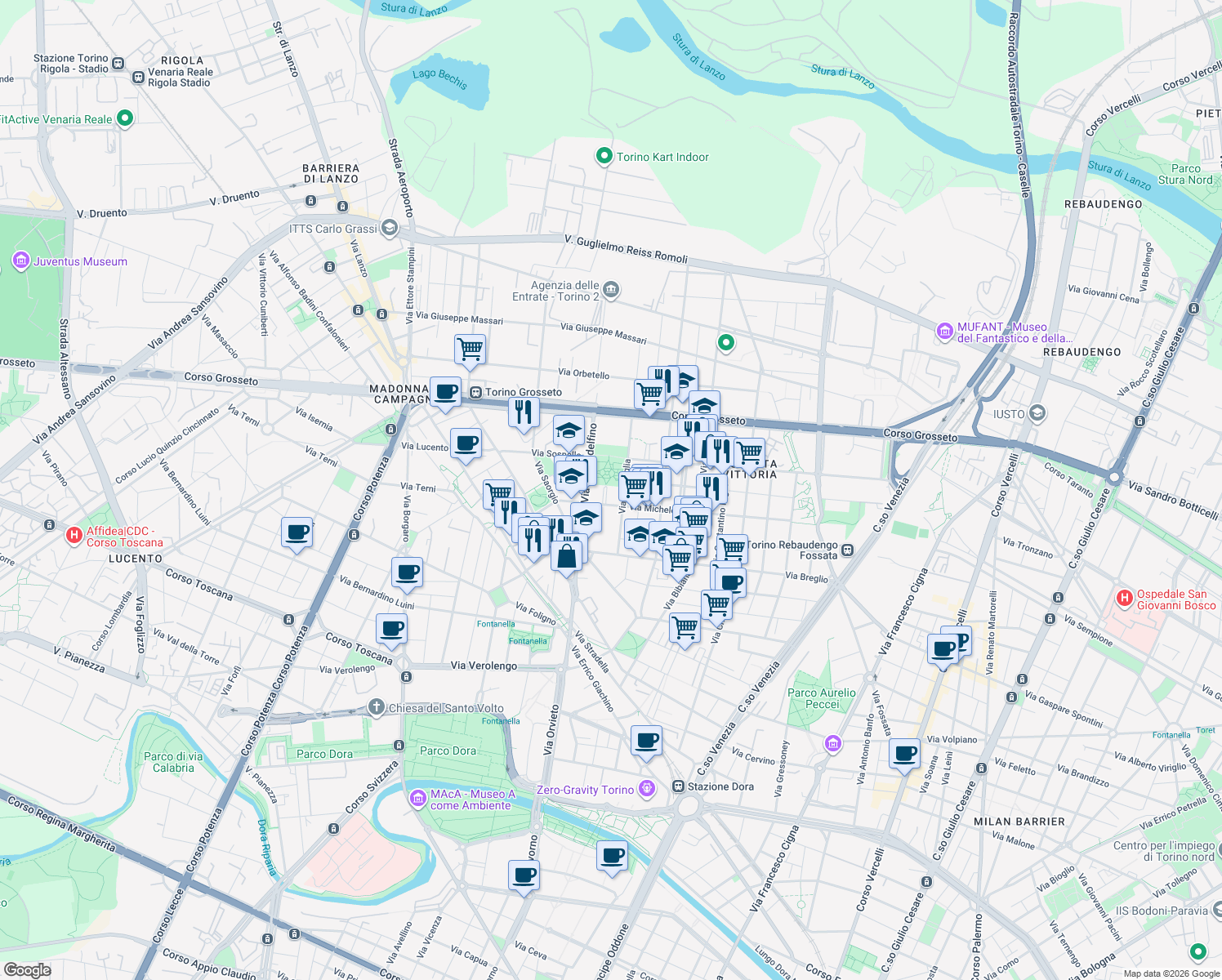 map of restaurants, bars, coffee shops, grocery stores, and more near 138/10 Via Michele Coppino in Torino