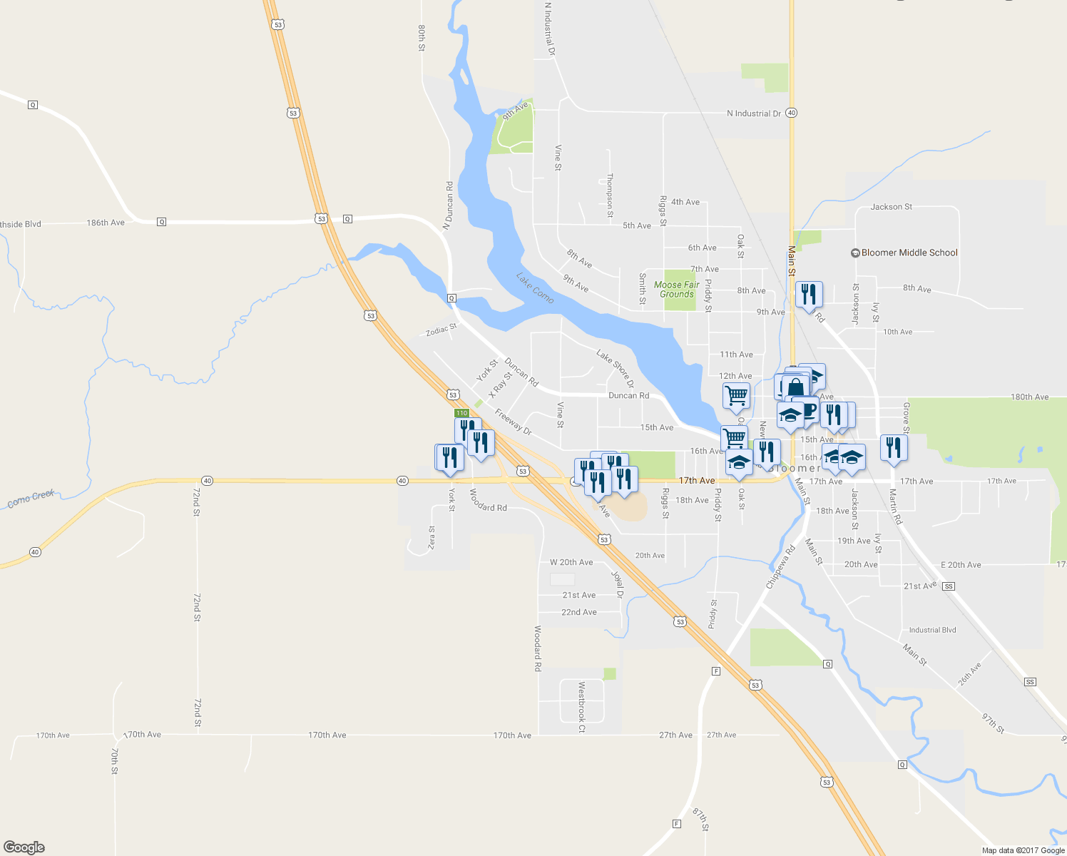 map of restaurants, bars, coffee shops, grocery stores, and more near 2229 Freeway Dr in Bloomer