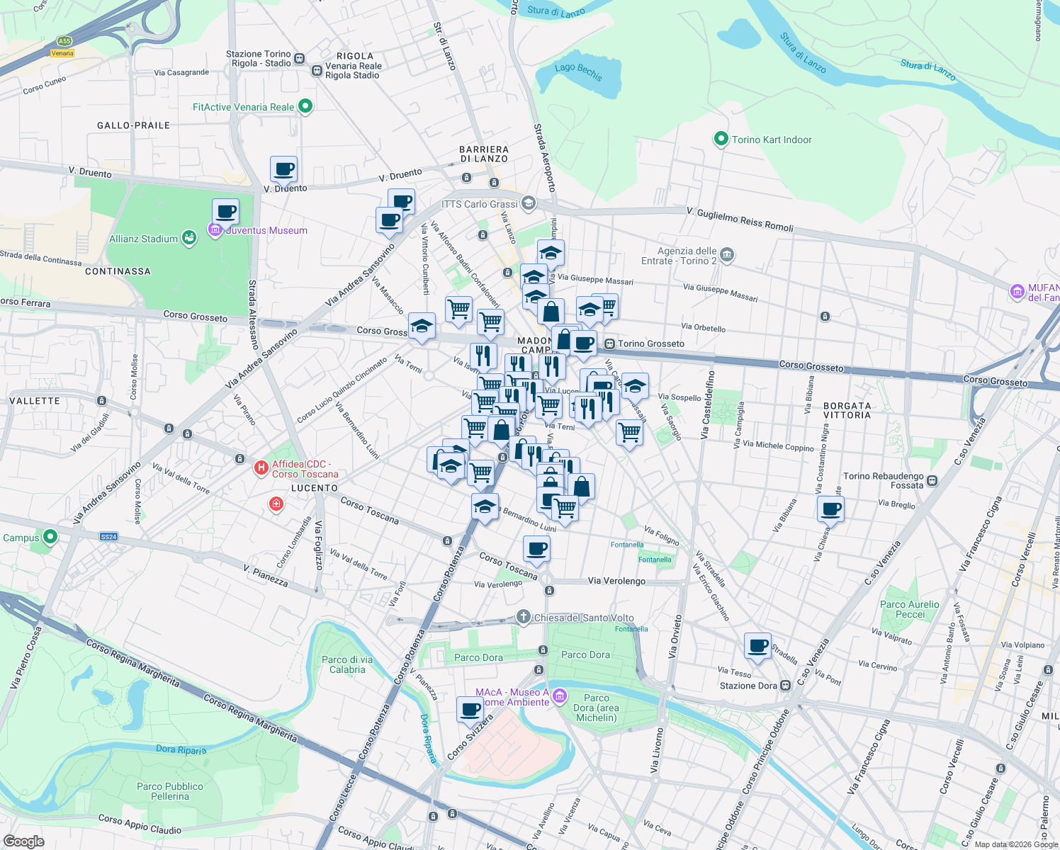map of restaurants, bars, coffee shops, grocery stores, and more near 19-29 Via Terni in Turin