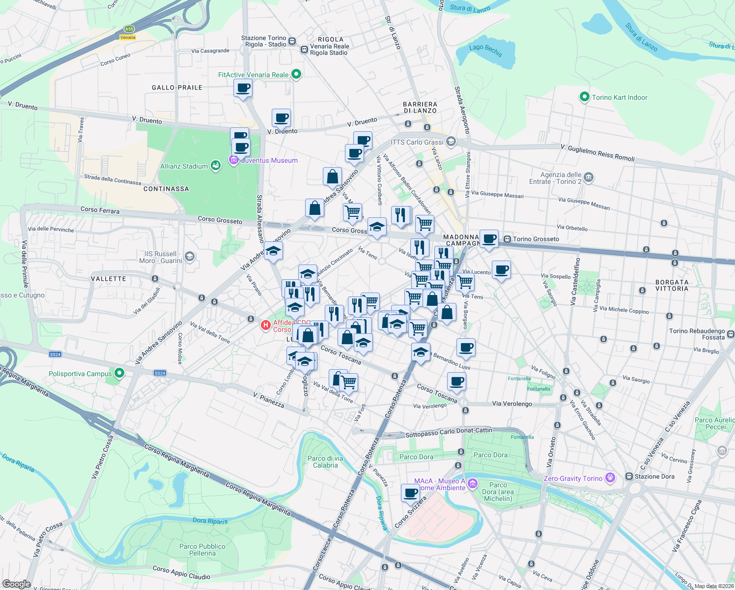 map of restaurants, bars, coffee shops, grocery stores, and more near 73/A Via Lucento in Torino