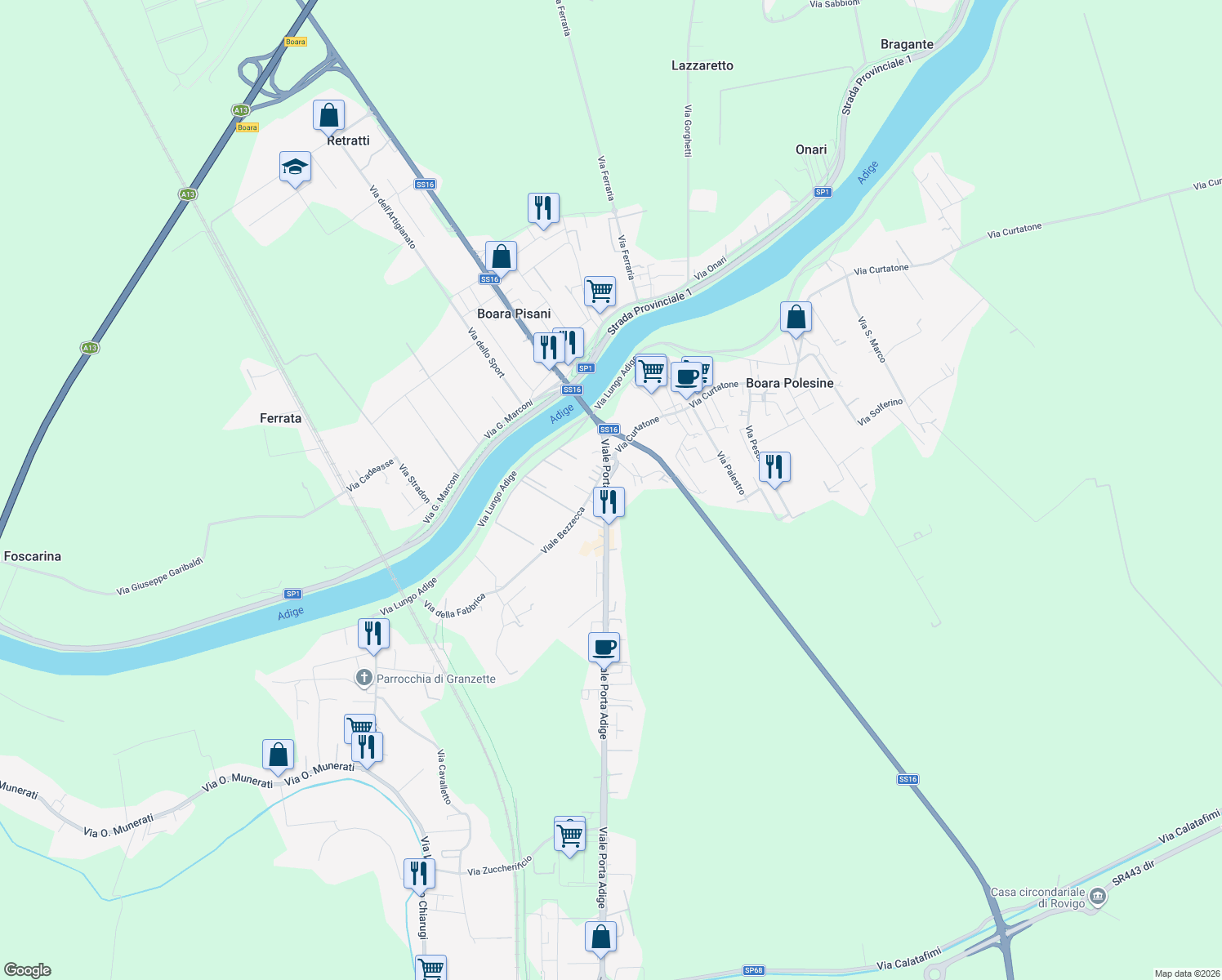 map of restaurants, bars, coffee shops, grocery stores, and more near 76 Viale Porta Adige in Boara Polesine