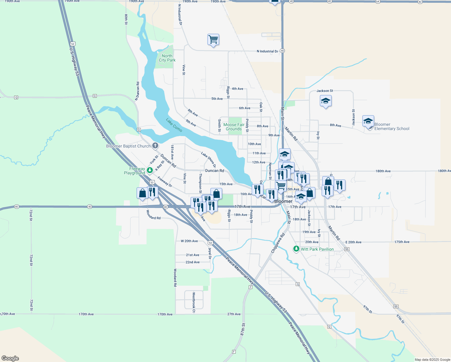 map of restaurants, bars, coffee shops, grocery stores, and more near 1821 15th Ave in Bloomer