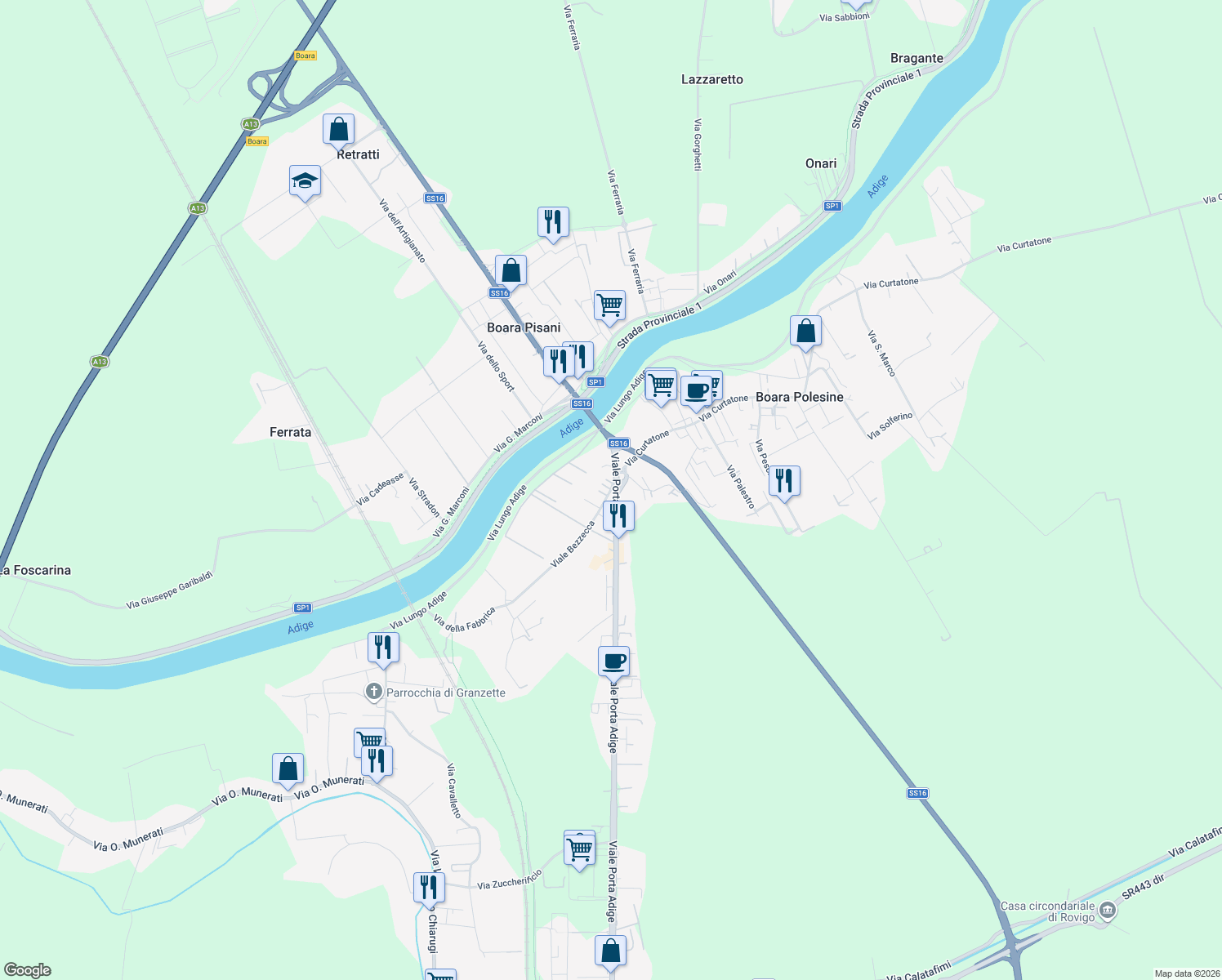 map of restaurants, bars, coffee shops, grocery stores, and more near 76 Viale Porta Adige in Boara Polesine