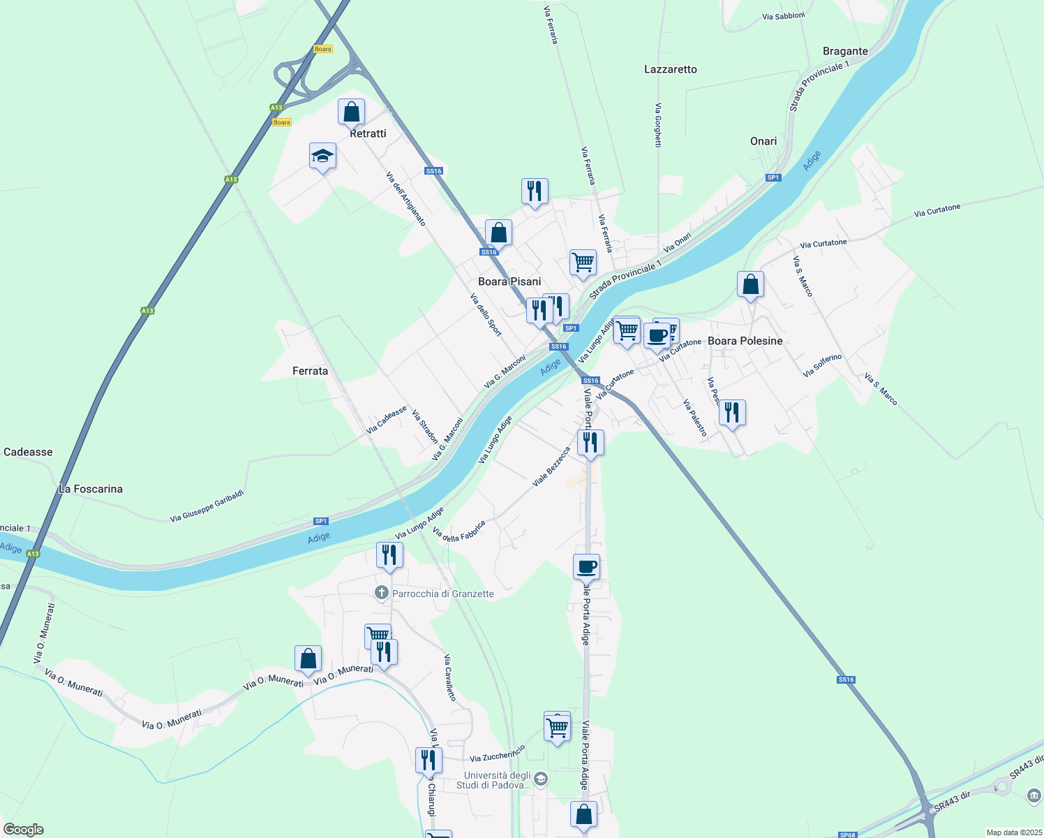 map of restaurants, bars, coffee shops, grocery stores, and more near 41 Via Lungo Adige in Rovigo