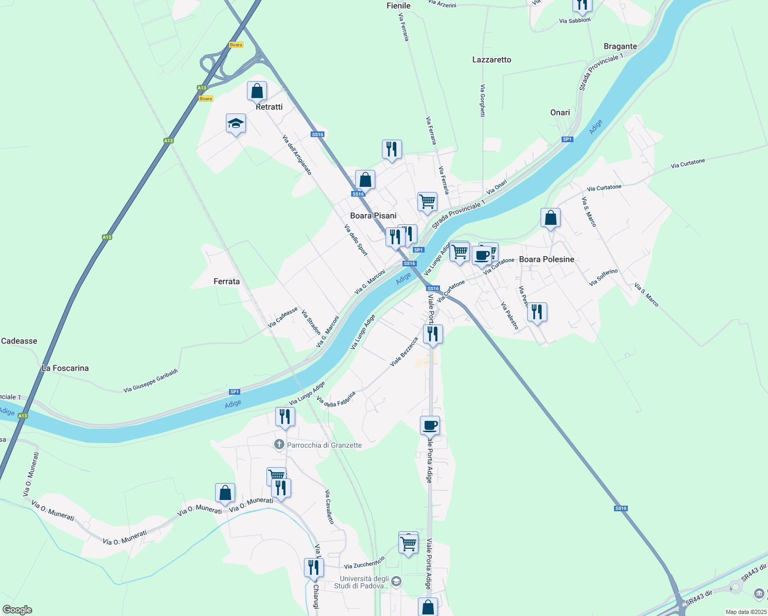 map of restaurants, bars, coffee shops, grocery stores, and more near 41 Via Lungo Adige in Rovigo