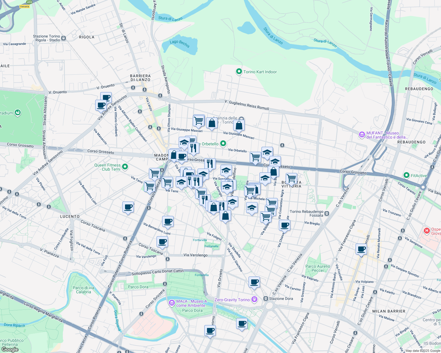 map of restaurants, bars, coffee shops, grocery stores, and more near 47 Via Sospello in Torino