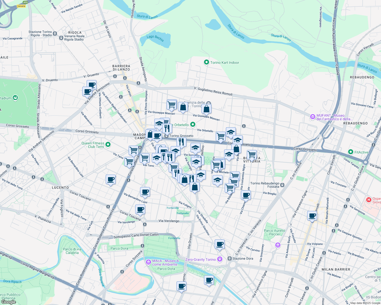 map of restaurants, bars, coffee shops, grocery stores, and more near 47 Via Sospello in Torino