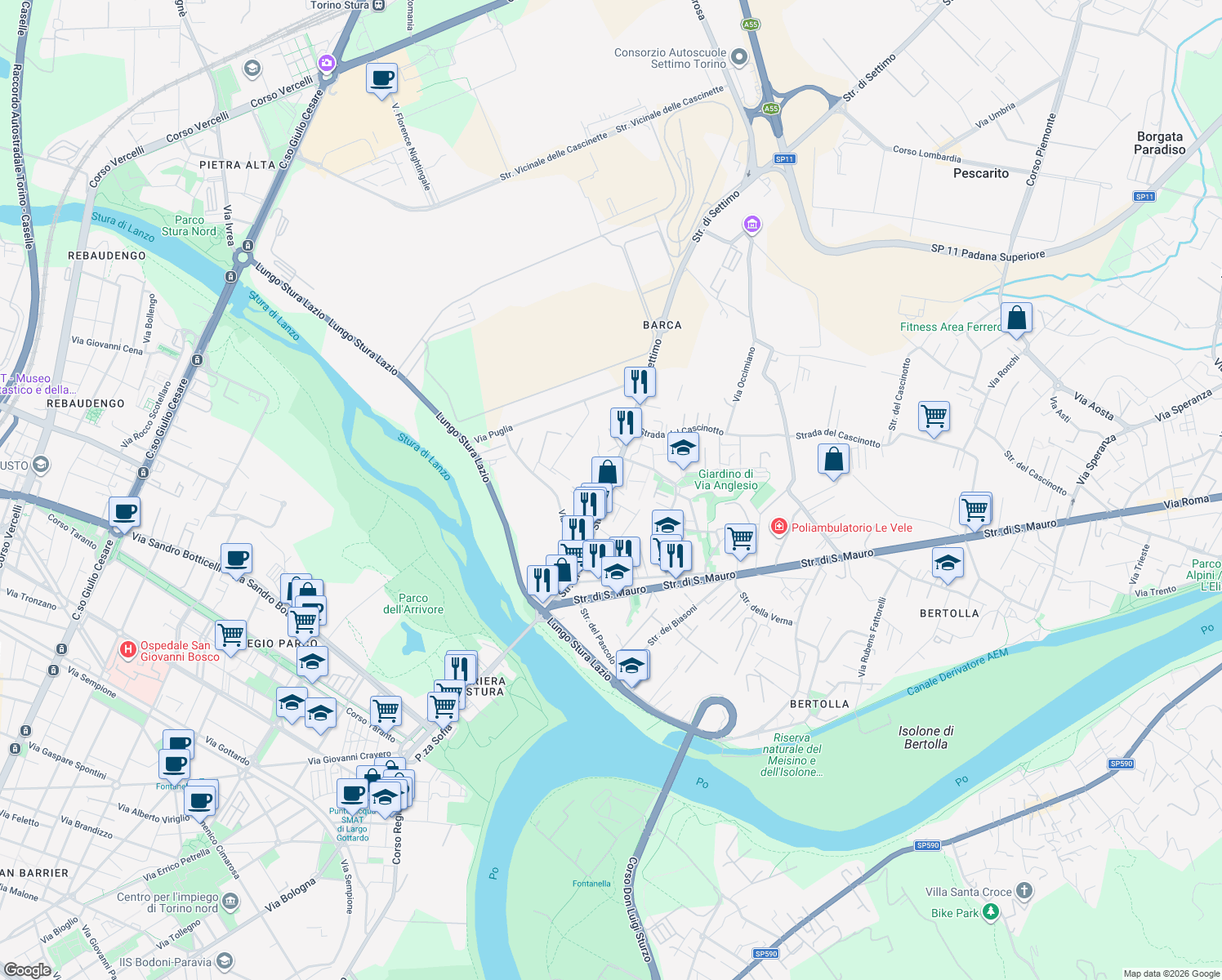map of restaurants, bars, coffee shops, grocery stores, and more near 116 Strada di Settimo in Torino