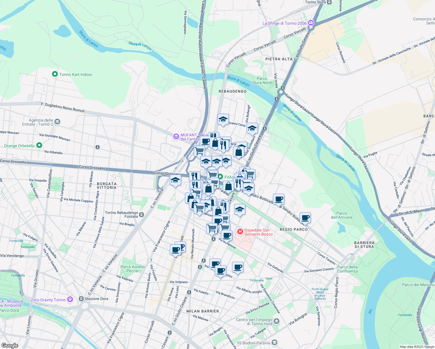 map of restaurants, bars, coffee shops, grocery stores, and more near 10 Via Botticelli Sandro in Turin
