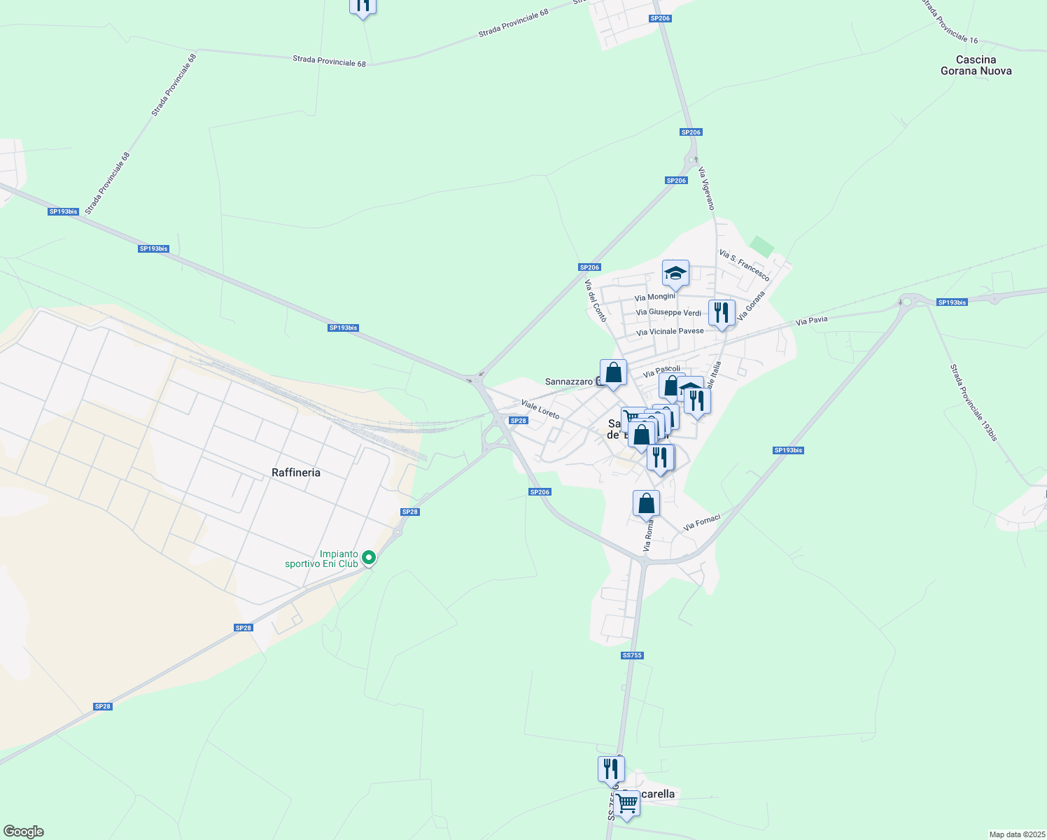 map of restaurants, bars, coffee shops, grocery stores, and more near 15 Via Enrico Mattei in Sannazzaro de' Burgondi