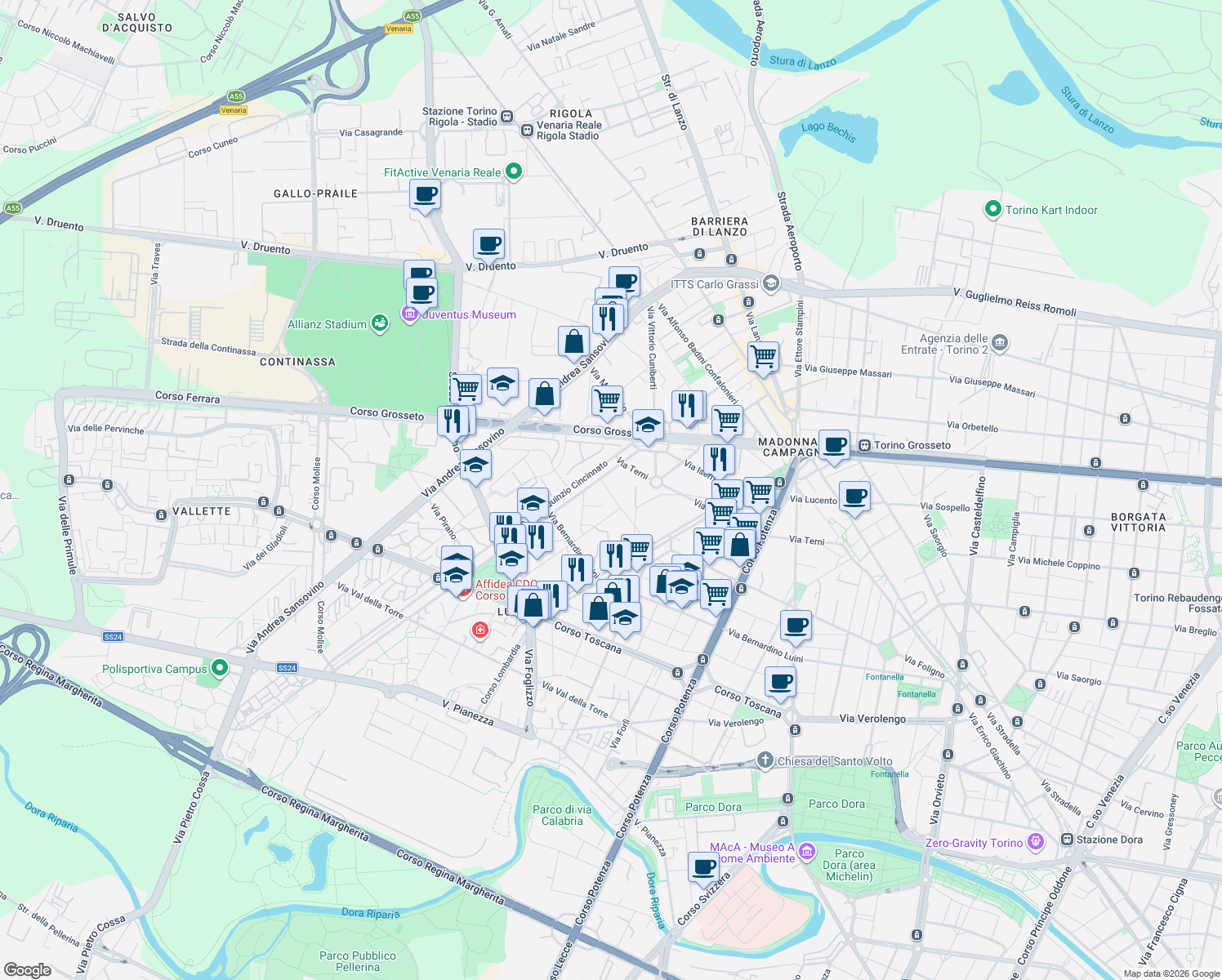 map of restaurants, bars, coffee shops, grocery stores, and more near 2 Strada Antica della Venaria in Torino