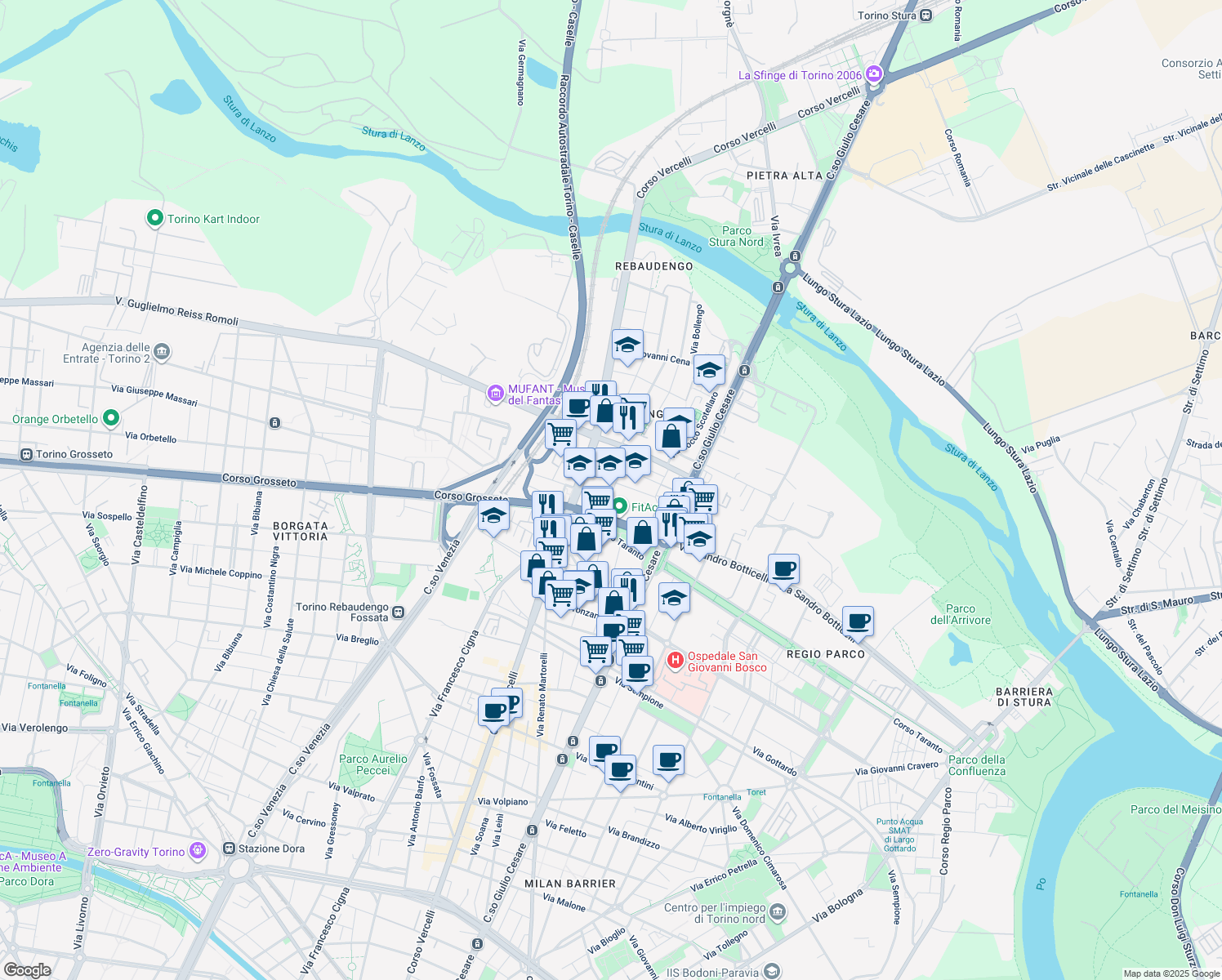 map of restaurants, bars, coffee shops, grocery stores, and more near 10 Via Sandro Botticelli in Torino