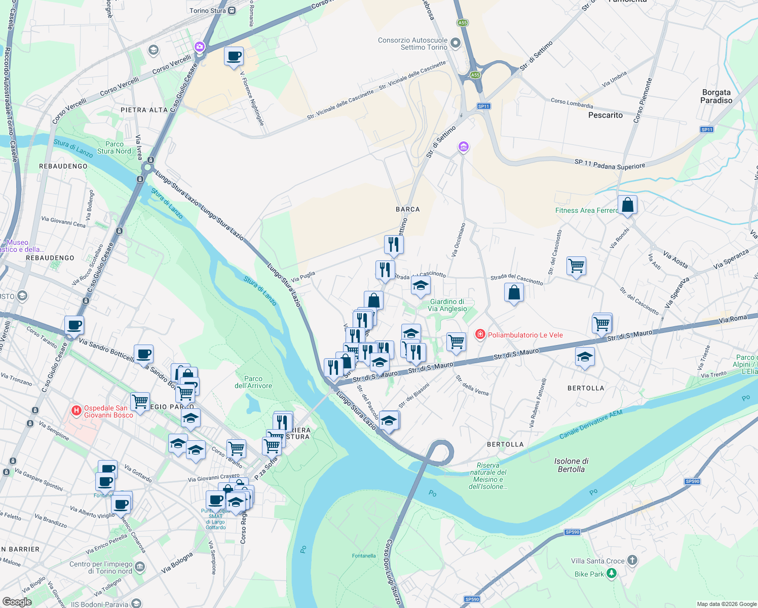 map of restaurants, bars, coffee shops, grocery stores, and more near 116 Strada Settimo in Torino
