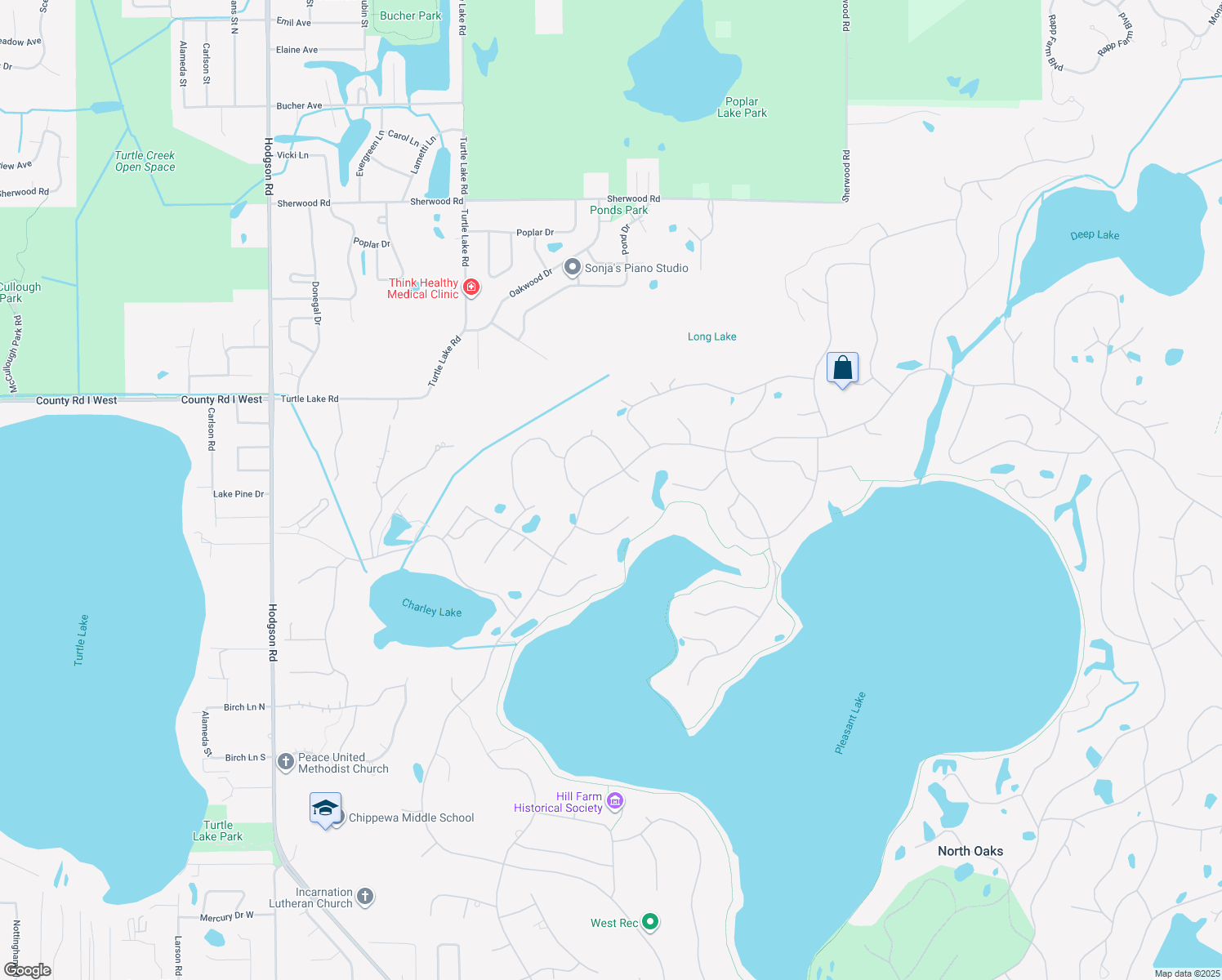 map of restaurants, bars, coffee shops, grocery stores, and more near 114 W Pleasant Lake Rd in North Oaks