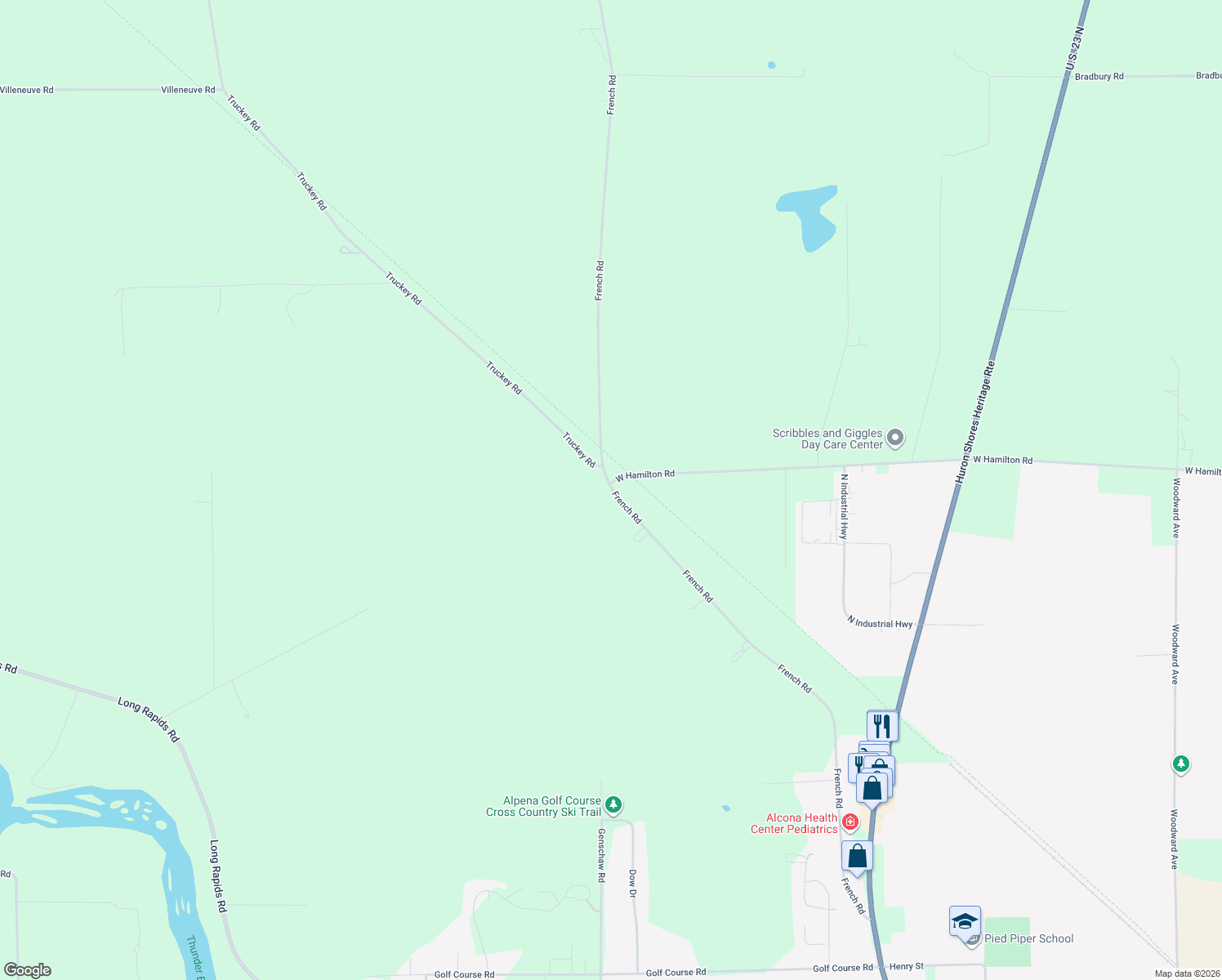 map of restaurants, bars, coffee shops, grocery stores, and more near 3698 French Rd in Alpena