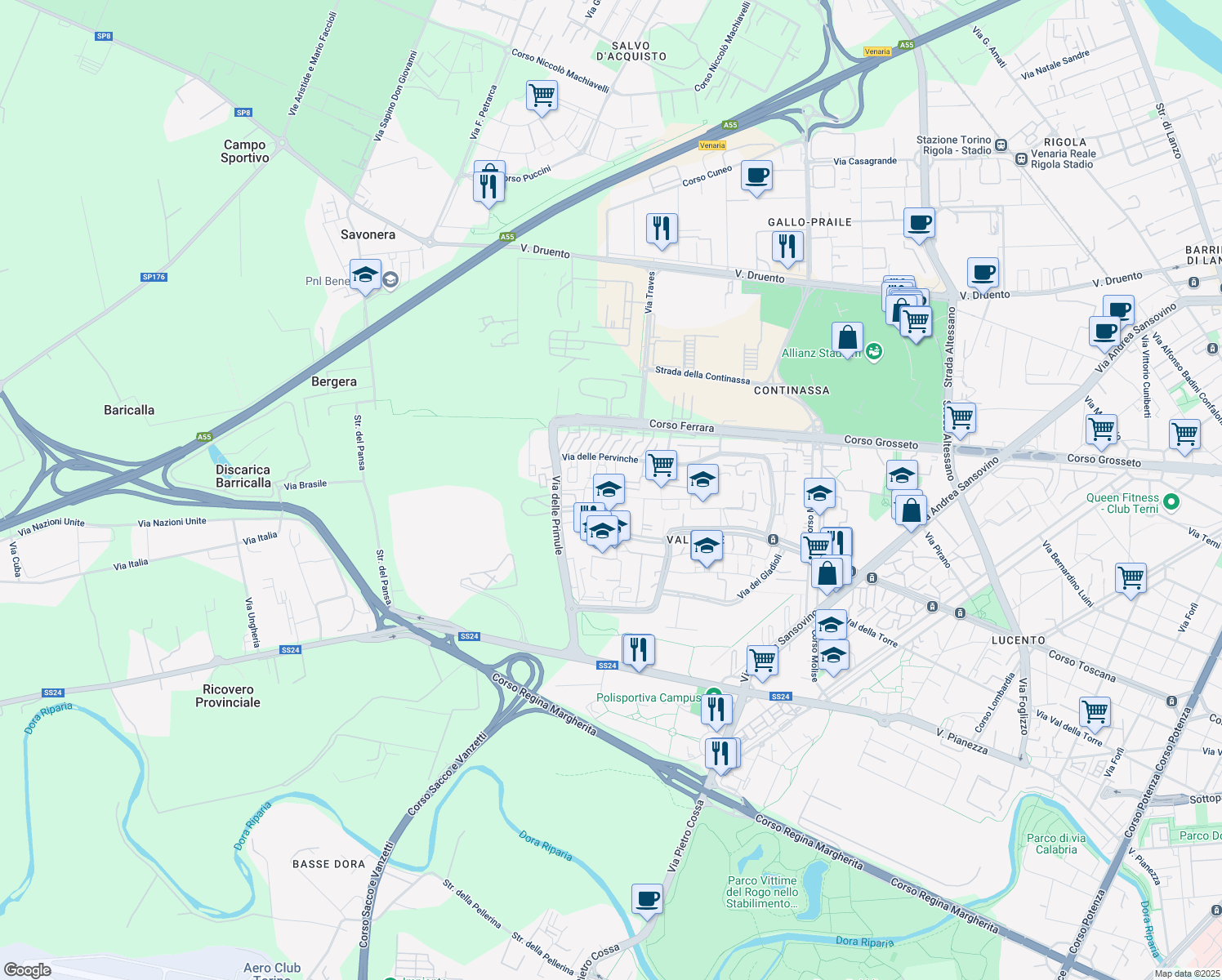 map of restaurants, bars, coffee shops, grocery stores, and more near 30 Viale dei Mughetti in Torino
