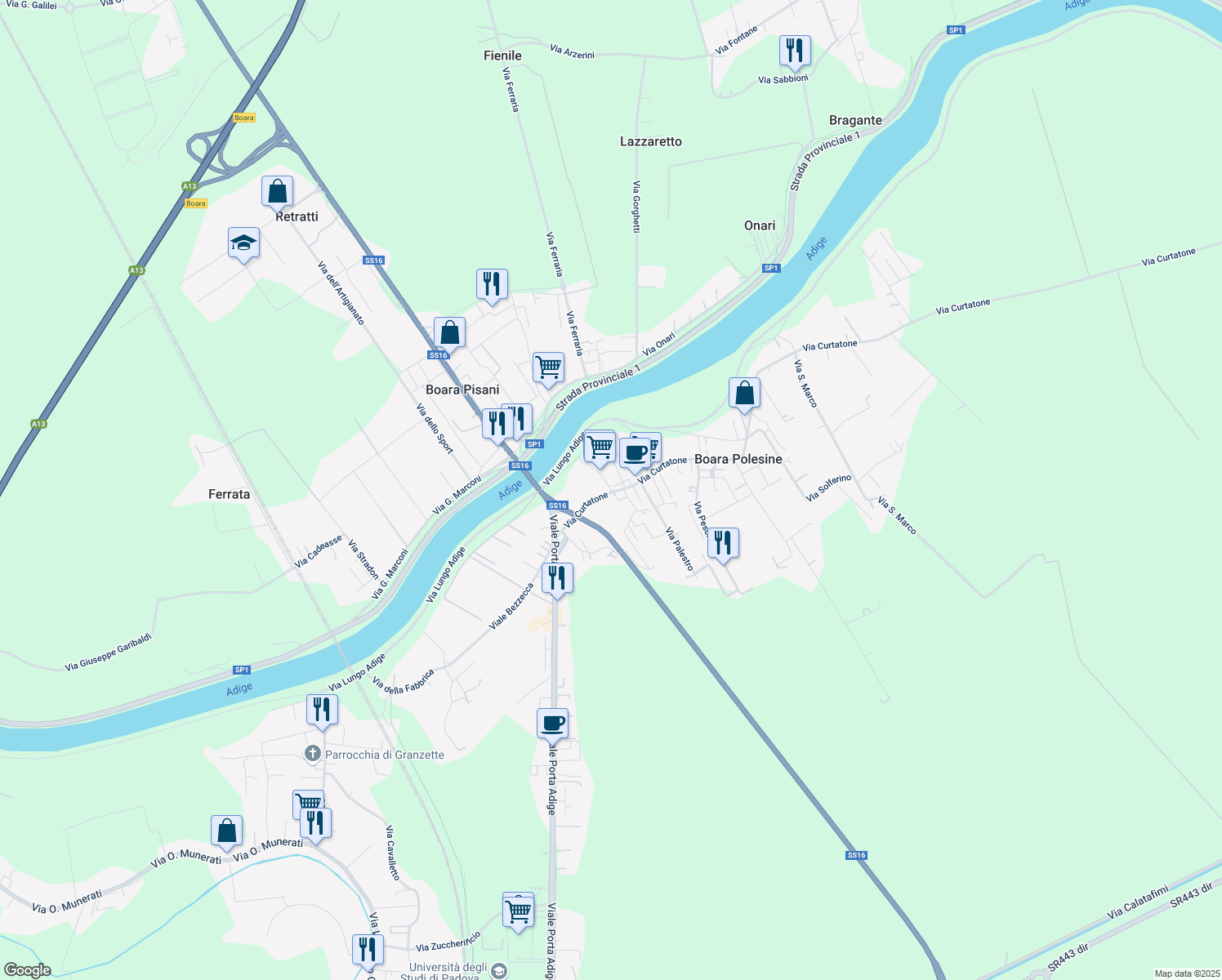 map of restaurants, bars, coffee shops, grocery stores, and more near 27 Via Montebello in Boara Polesine