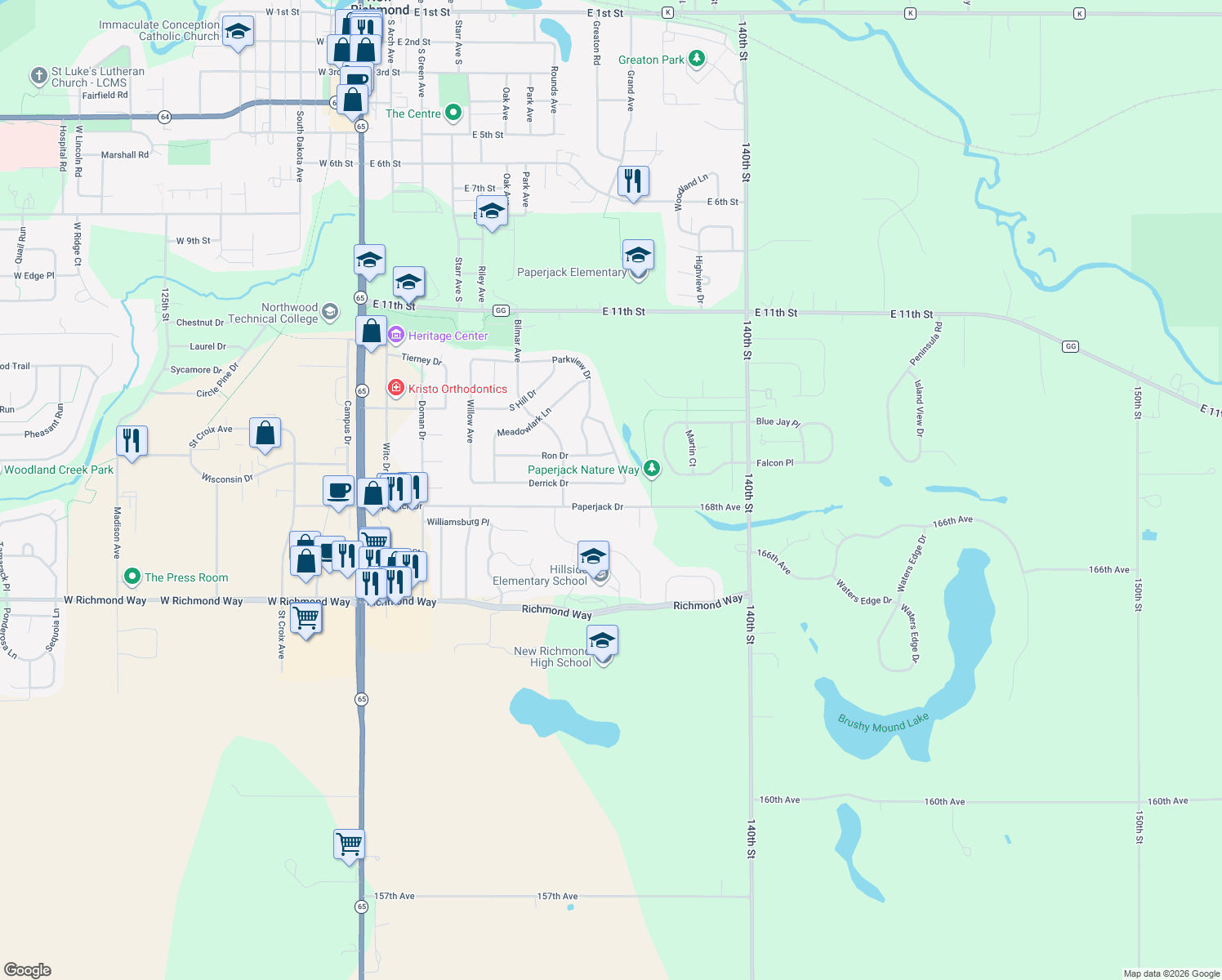 map of restaurants, bars, coffee shops, grocery stores, and more near 910 Derrick Dr in New Richmond