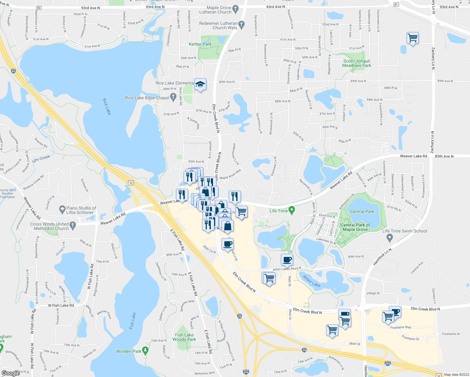 map of restaurants, bars, coffee shops, grocery stores, and more near 13301 Maple Knoll Way in Maple Grove