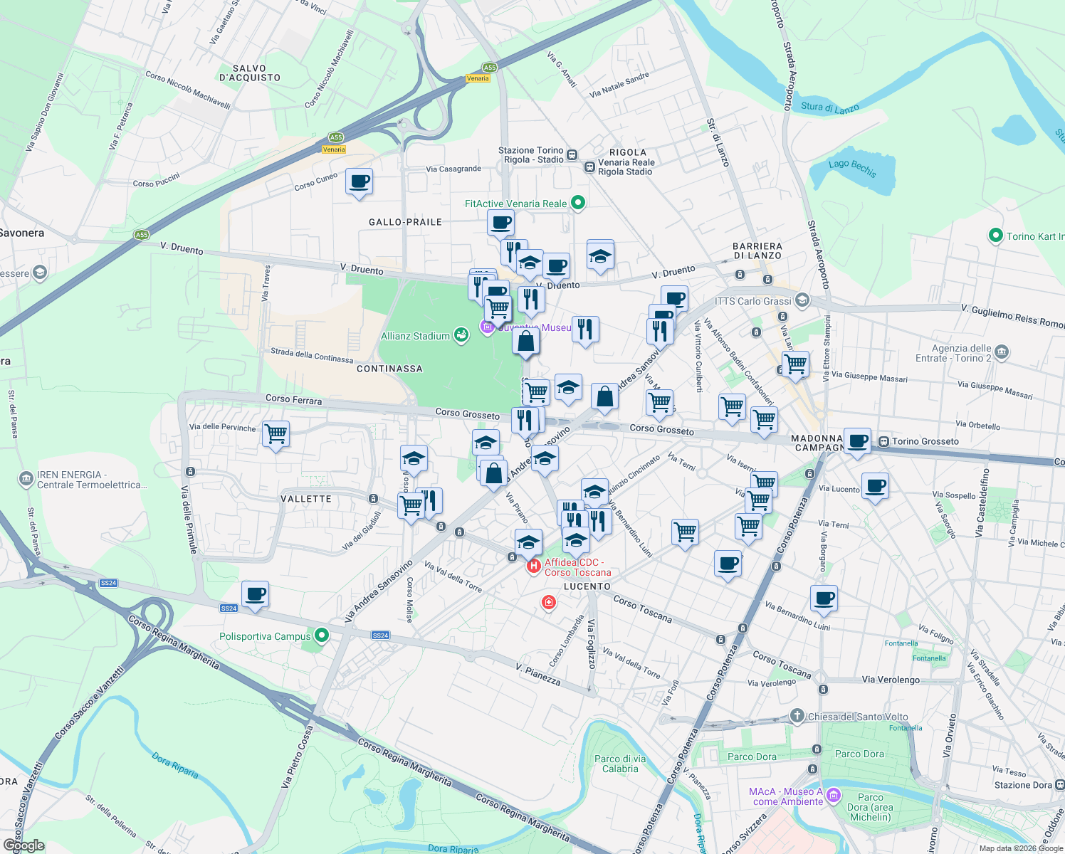 map of restaurants, bars, coffee shops, grocery stores, and more near 399 Corso Grosseto in Torino