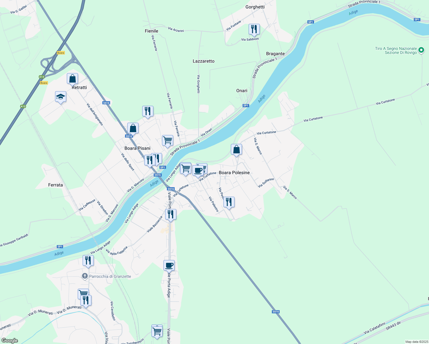 map of restaurants, bars, coffee shops, grocery stores, and more near 133A Via Curtatone in Boara Polesine