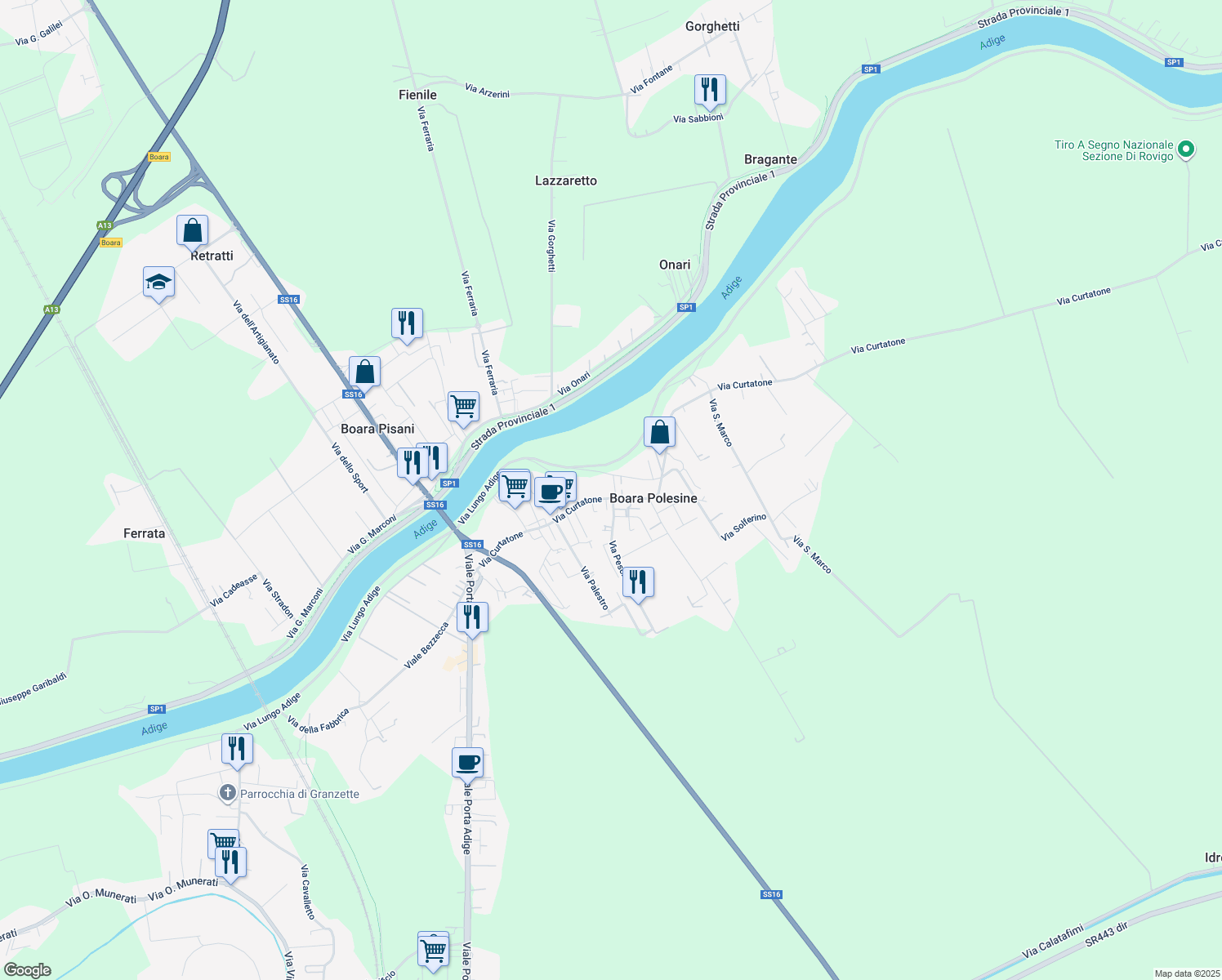 map of restaurants, bars, coffee shops, grocery stores, and more near 133A Via Curtatone in Boara Polesine
