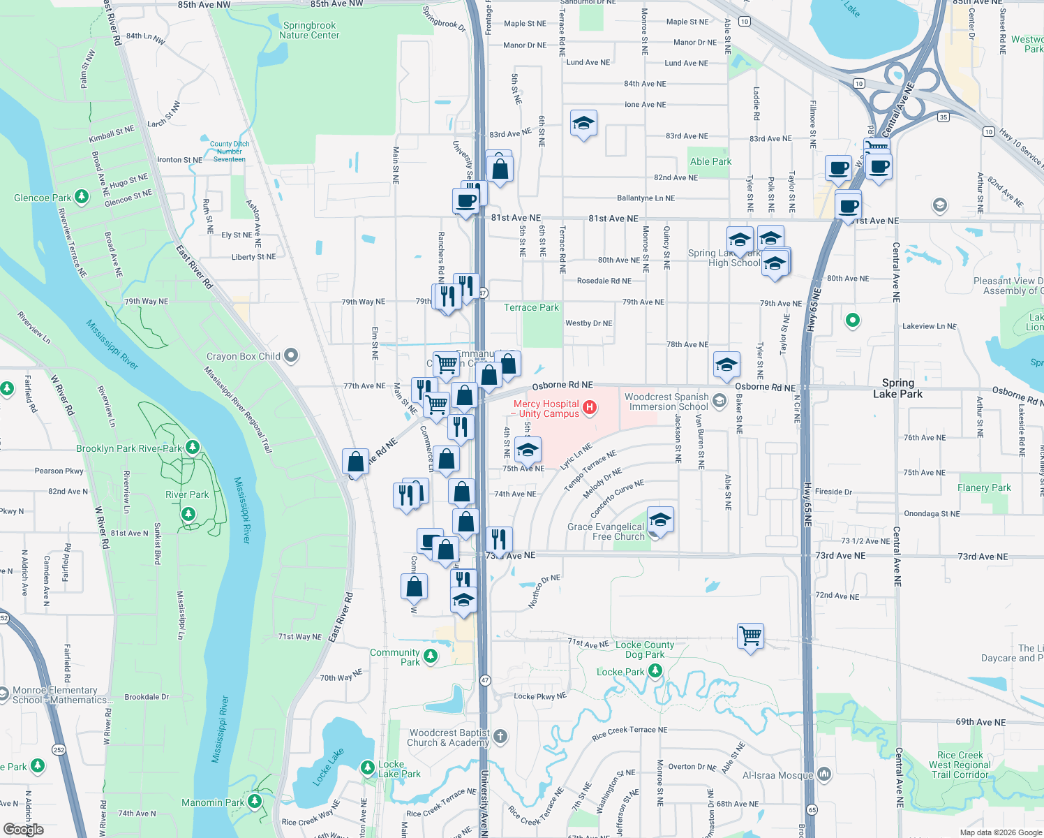 map of restaurants, bars, coffee shops, grocery stores, and more near 7574 5th Street Northeast in Fridley