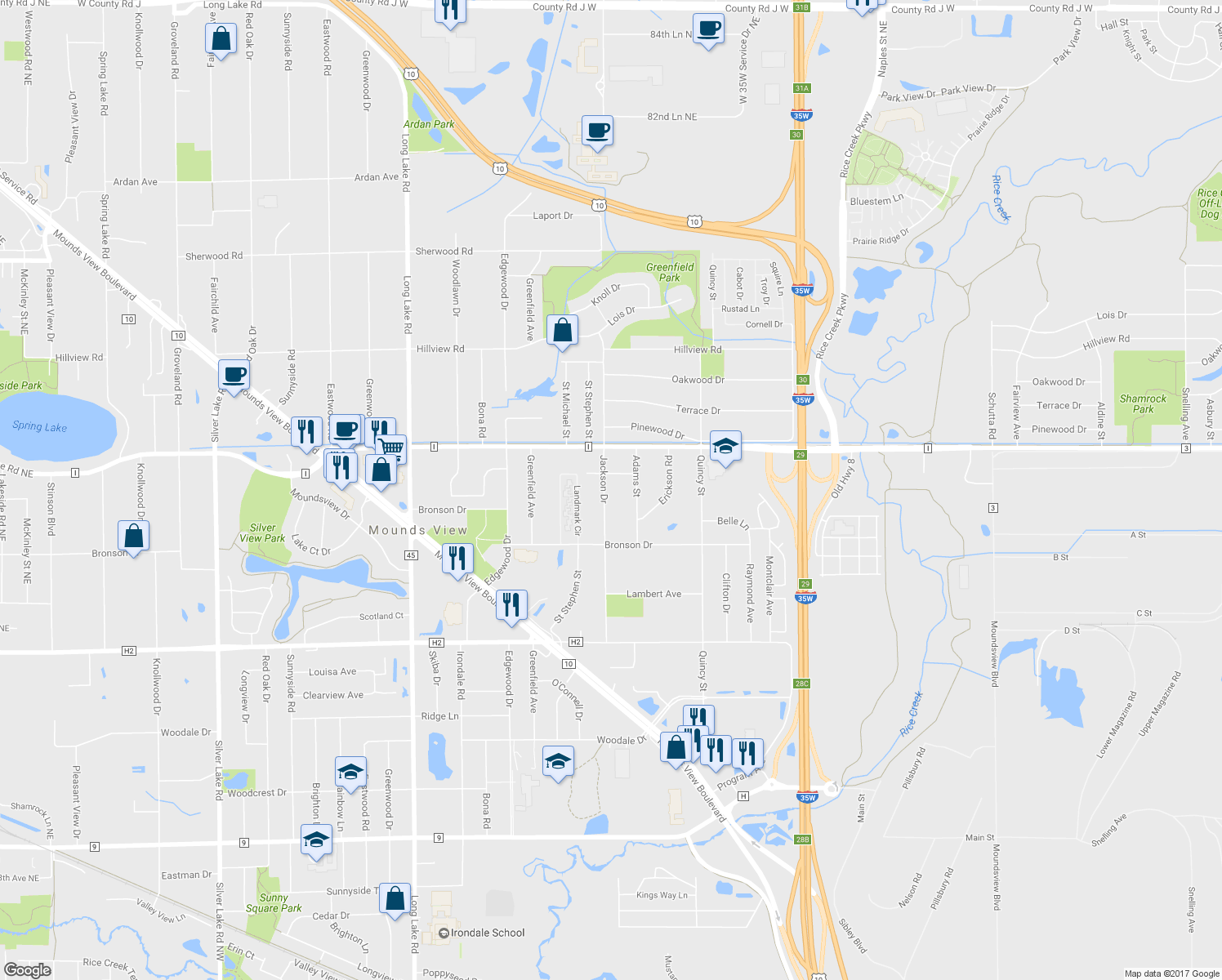 map of restaurants, bars, coffee shops, grocery stores, and more near 5468 Jackson Drive in Mounds View
