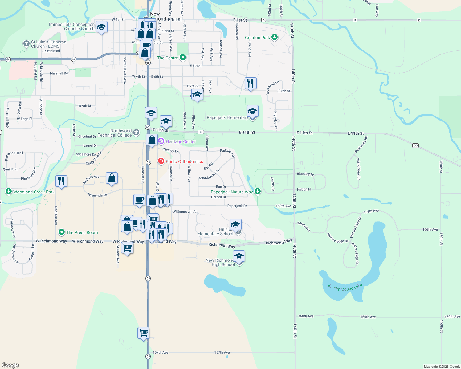 map of restaurants, bars, coffee shops, grocery stores, and more near 753 Ron Dr in New Richmond