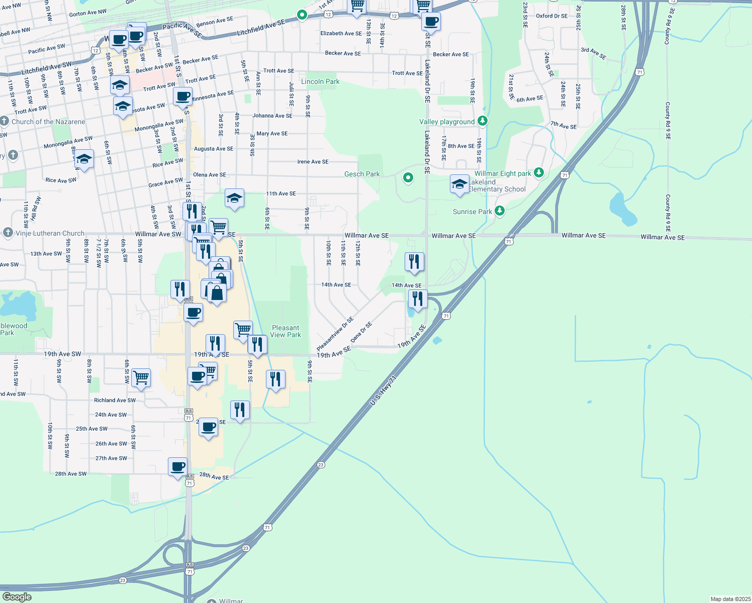 map of restaurants, bars, coffee shops, grocery stores, and more near 1204 Pleasantview Drive Southeast in Willmar