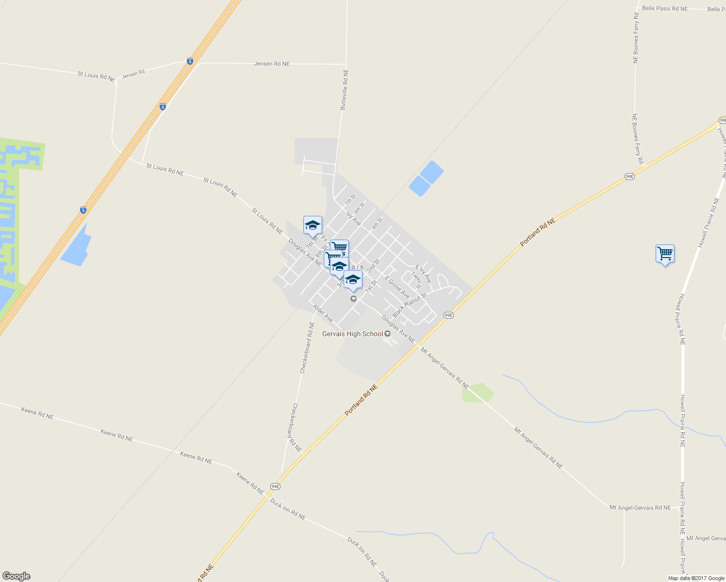 map of restaurants, bars, coffee shops, grocery stores, and more near 465 1st Street in Gervais
