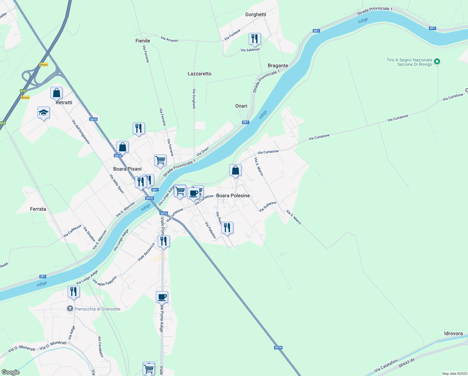 map of restaurants, bars, coffee shops, grocery stores, and more near Via Curtatone in Rovigo
