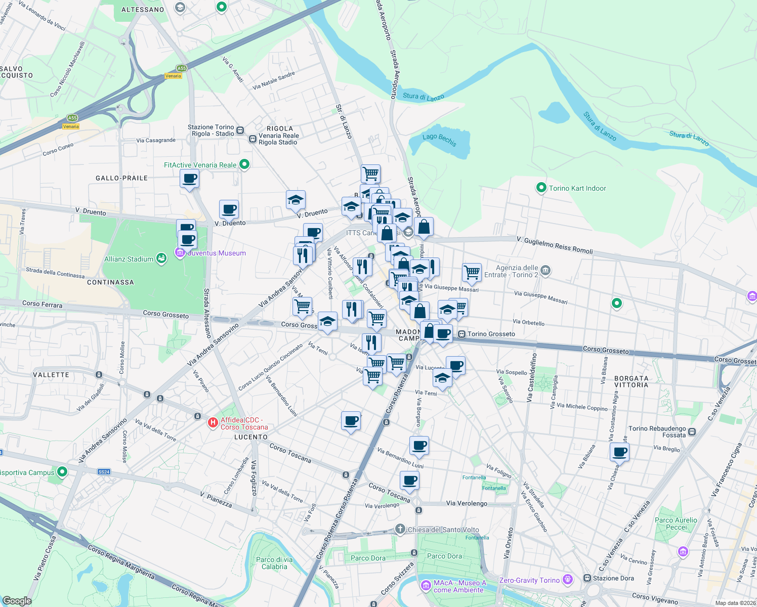 map of restaurants, bars, coffee shops, grocery stores, and more near 38 Via Alfonso Badini Confalonieri in Torino