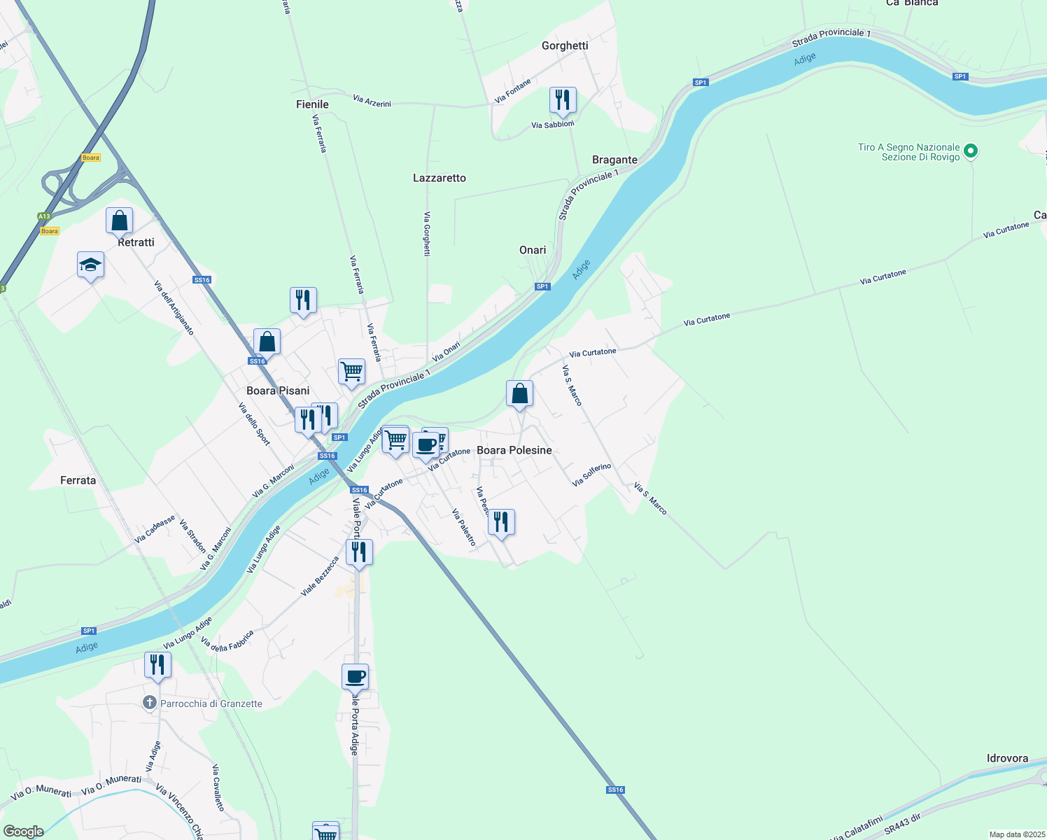 map of restaurants, bars, coffee shops, grocery stores, and more near Via Curtatone in Rovigo