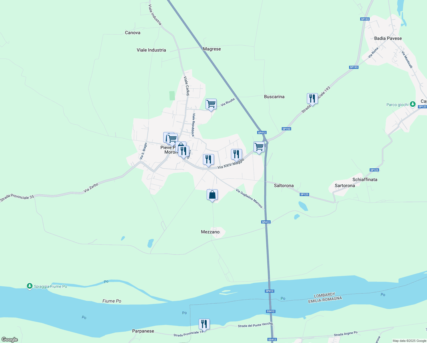 map of restaurants, bars, coffee shops, grocery stores, and more near 3 Piazzale Martiri Libertà in Pieve Porto Morone
