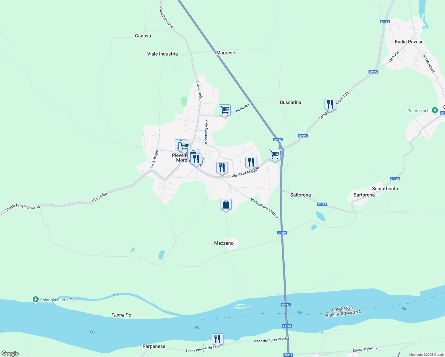 map of restaurants, bars, coffee shops, grocery stores, and more near in Pieve Porto Morone