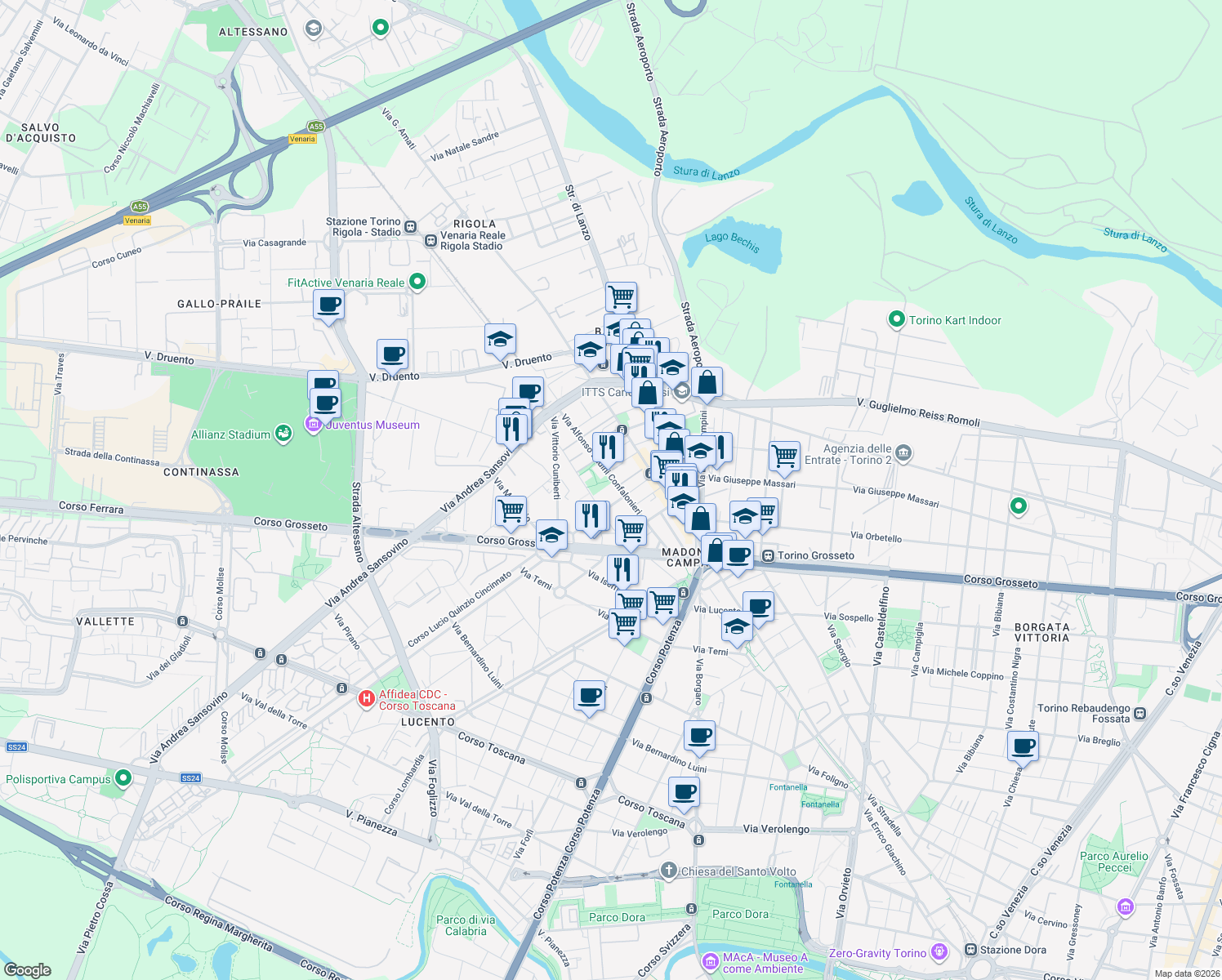 map of restaurants, bars, coffee shops, grocery stores, and more near 38 Via Alfonso Badini Confalonieri in Torino