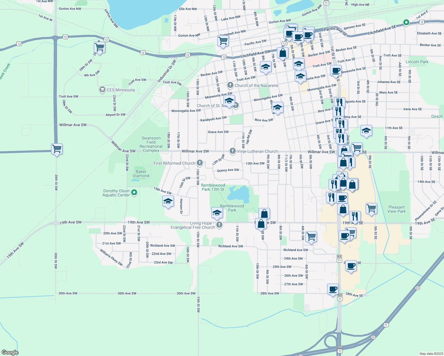 map of restaurants, bars, coffee shops, grocery stores, and more near 1236 Ramblewood Avenue Southwest in Willmar