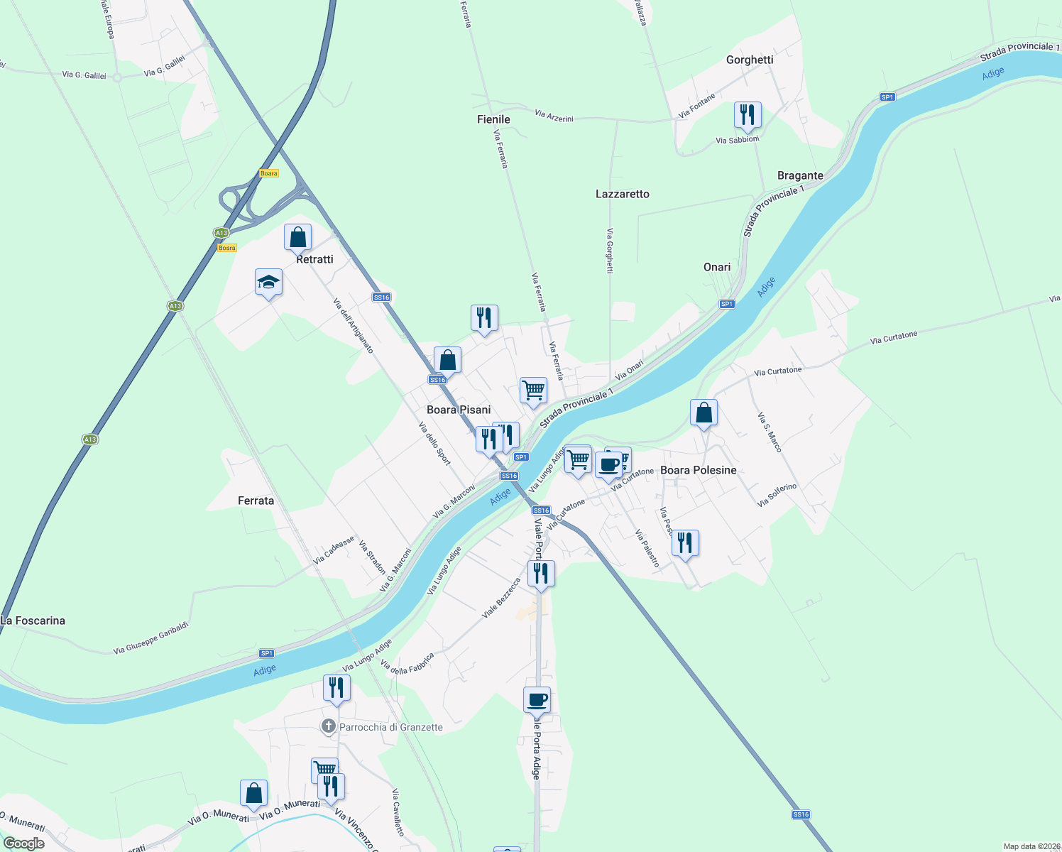 map of restaurants, bars, coffee shops, grocery stores, and more near Strada Provinciale 1 in Province of Padua