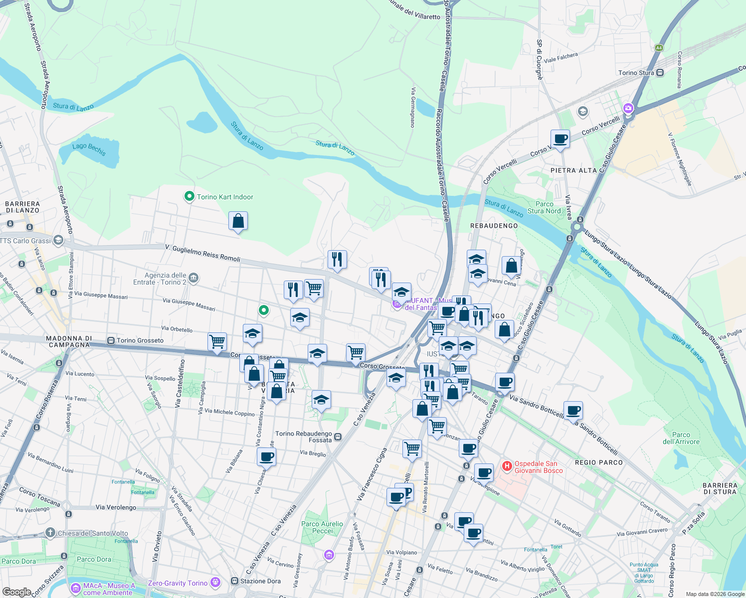 map of restaurants, bars, coffee shops, grocery stores, and more near 67-79 Via Reiss Romoli Guglielmo in Torino