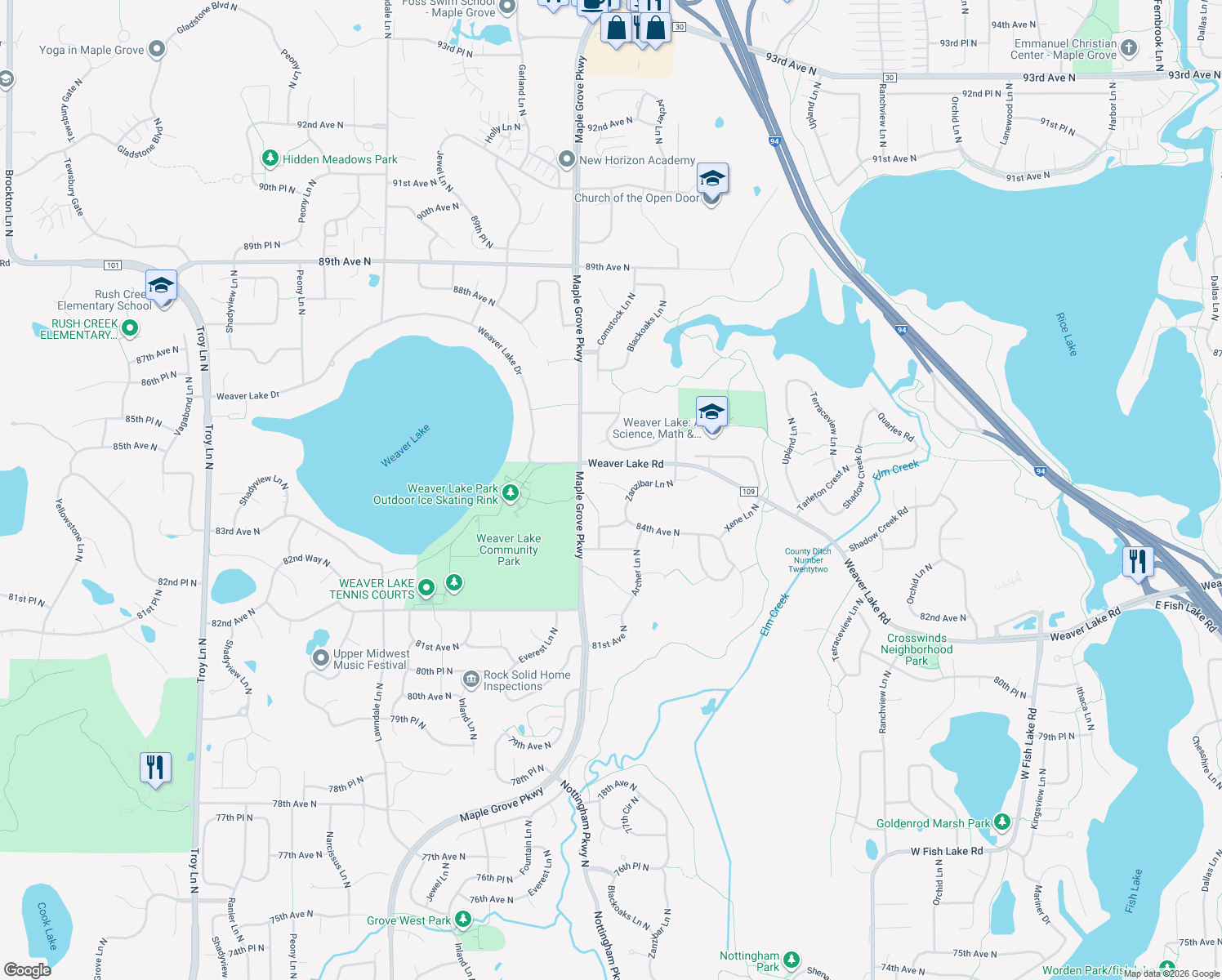 map of restaurants, bars, coffee shops, grocery stores, and more near 16569 84th Place North in Osseo
