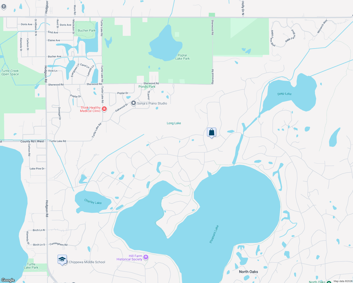 map of restaurants, bars, coffee shops, grocery stores, and more near 10 South Long Lake Trail in North Oaks