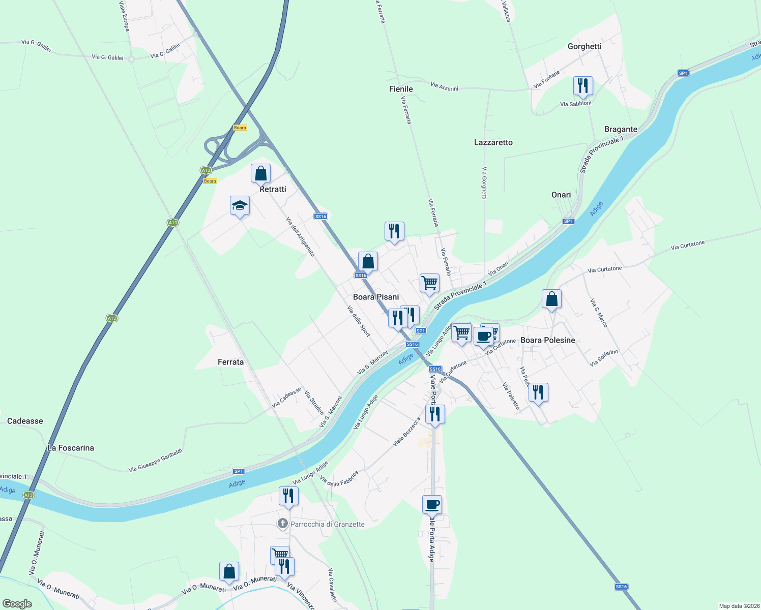 map of restaurants, bars, coffee shops, grocery stores, and more near 33 Via Roma in Boara Pisani