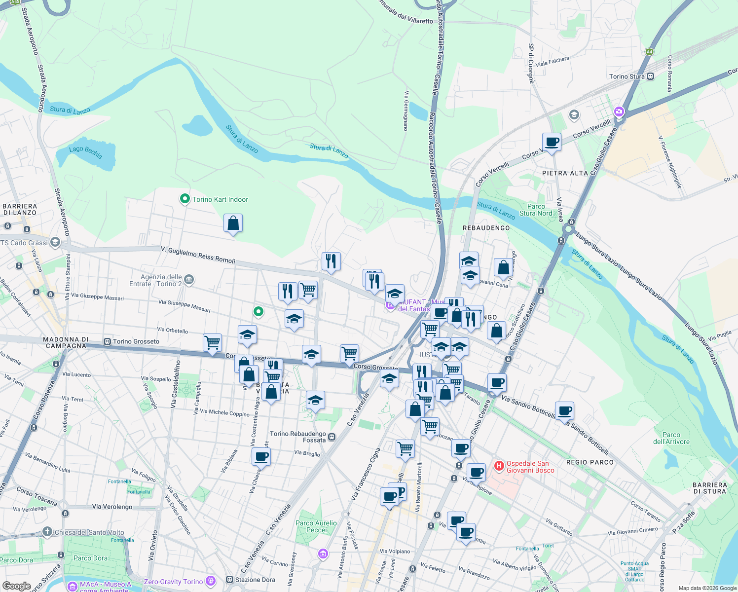 map of restaurants, bars, coffee shops, grocery stores, and more near 79 Via Guglielmo Reiss Romoli in Torino